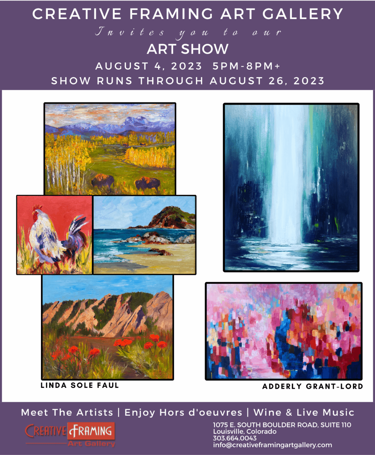 Poster for art gallery show with landscape, waterfall, and abstract paintings, event details, and artist names.