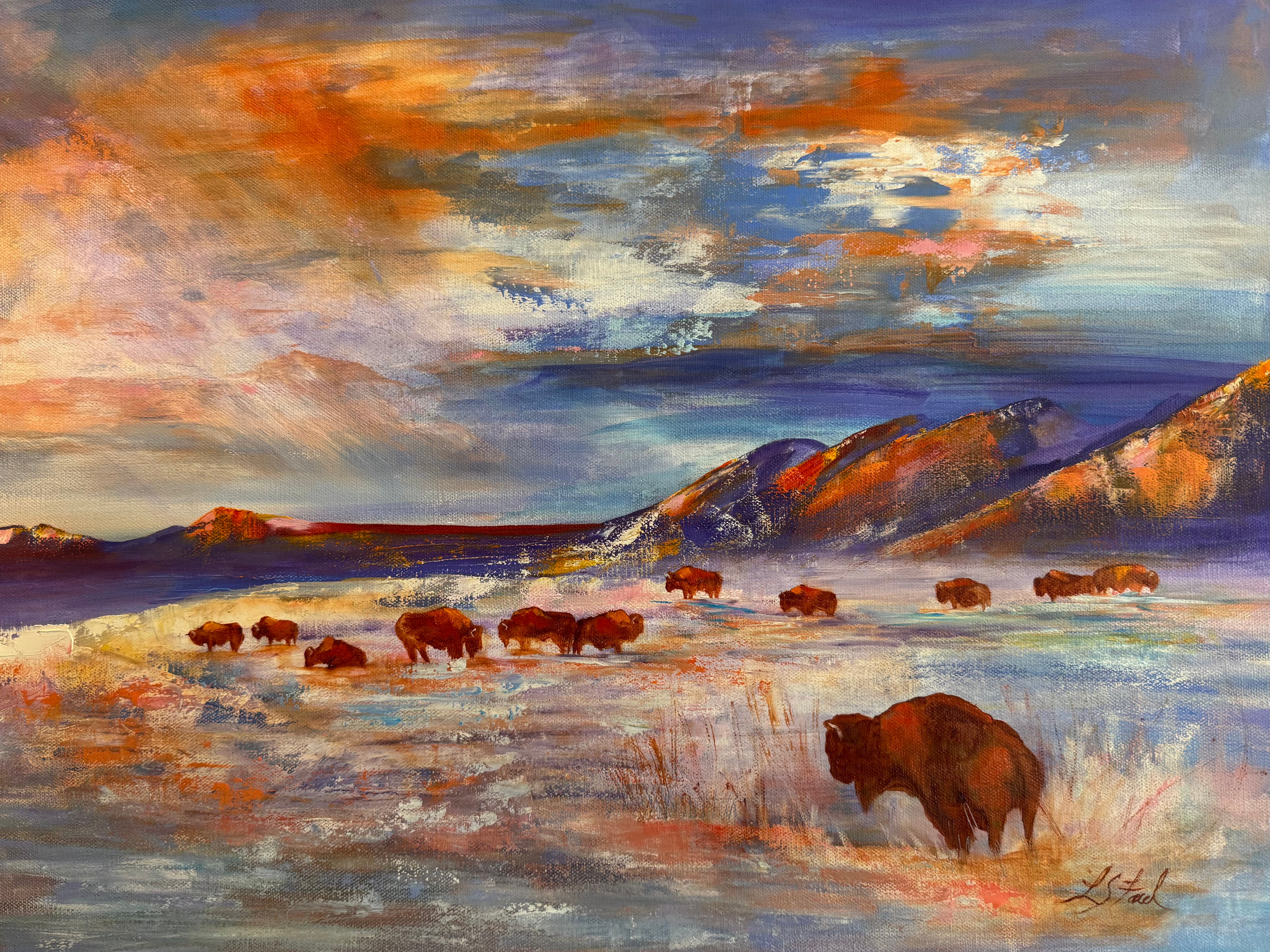 A landscape painting of a herd of bison grazing on a plain with mountains and a colorful sky in the background.