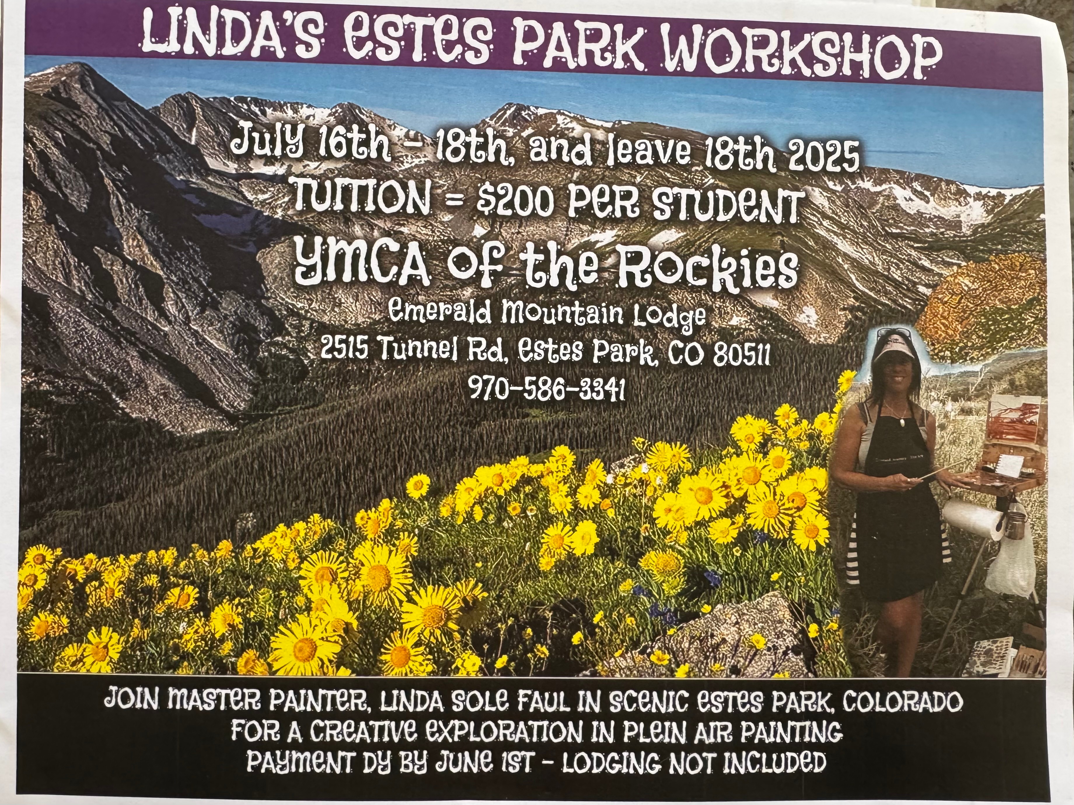 Signboard advertising Linda's Estes Park Workshop with mountains and yellow flowers in background, and a person standing nearby.