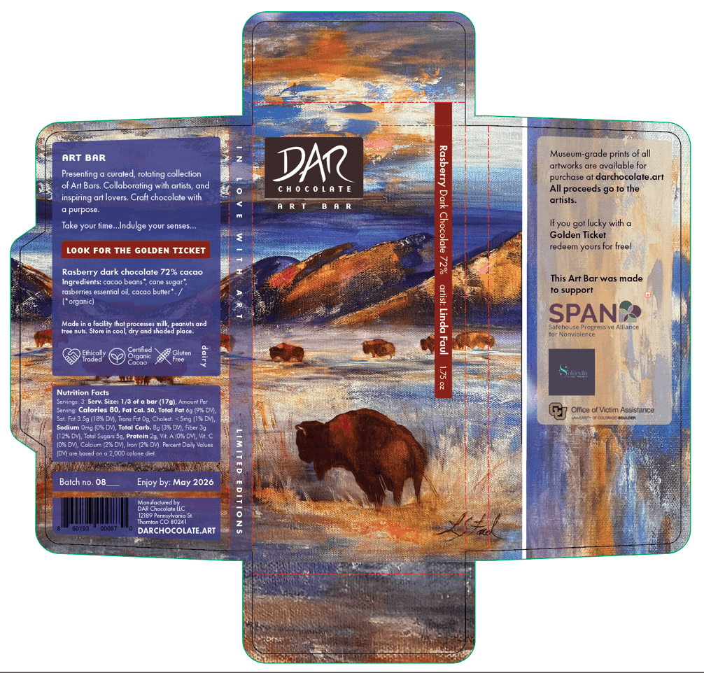Folded chocolate packaging with landscape painting of mountains, water, and a bear in the foreground, with text and labels on sides.