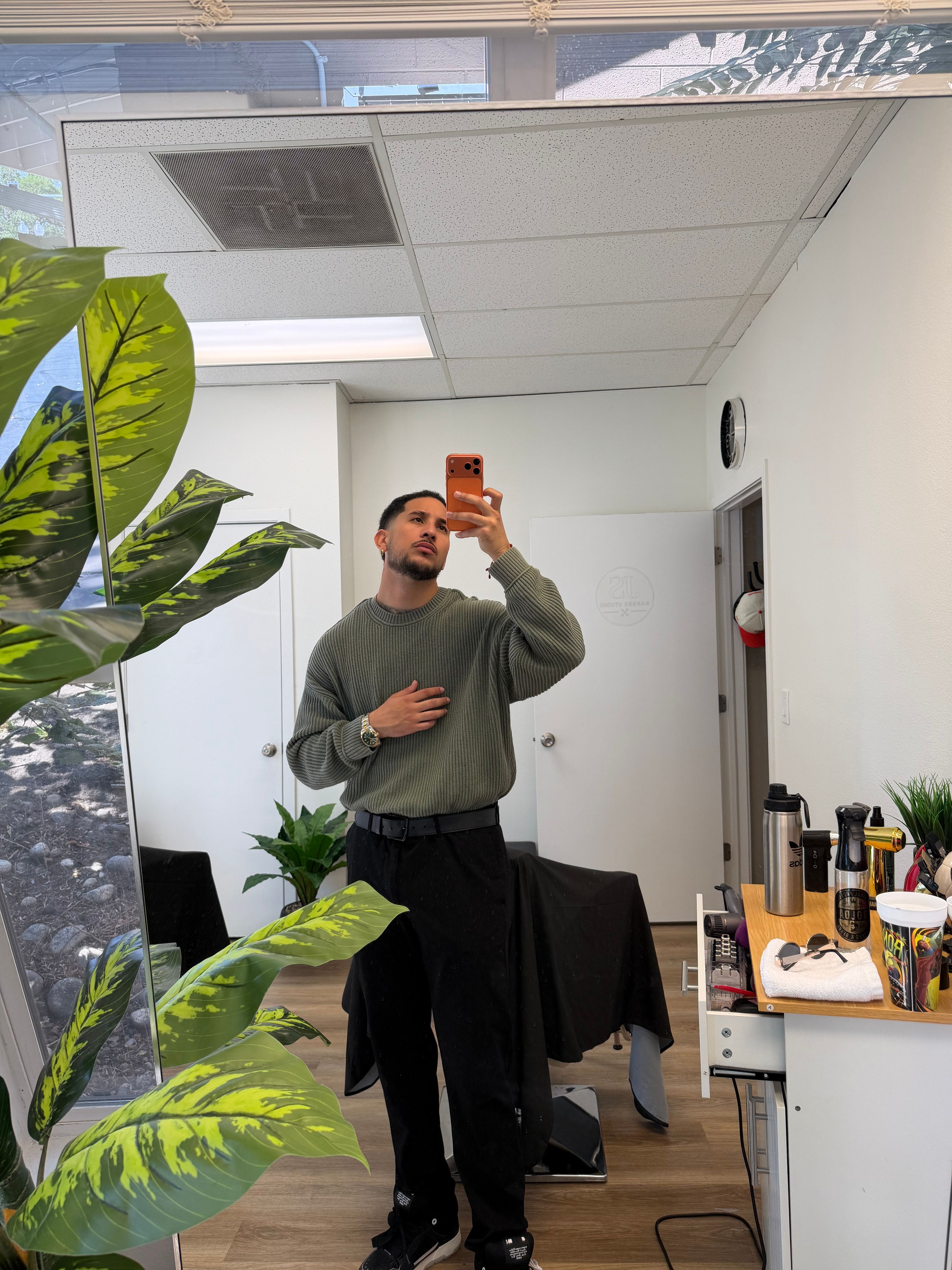 Person taking a mirror selfie in a room with plants, a desk, and a white wall.