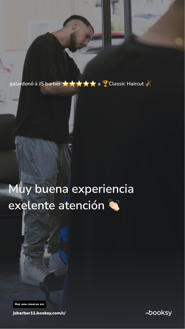Person receiving a haircut in a barbershop, with text overlay in Spanish and English about good experience and attention.