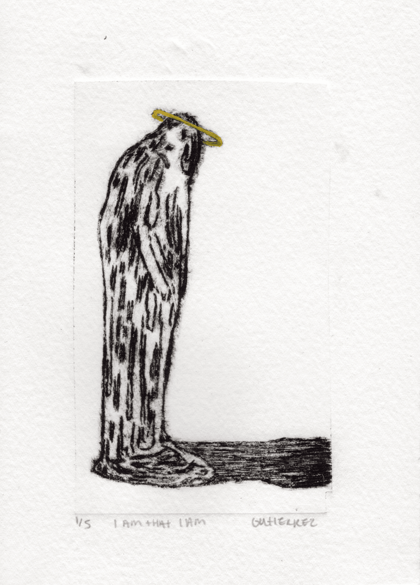 A black and white sketch of a tall, furry creature with a halo, standing on a flat surface.