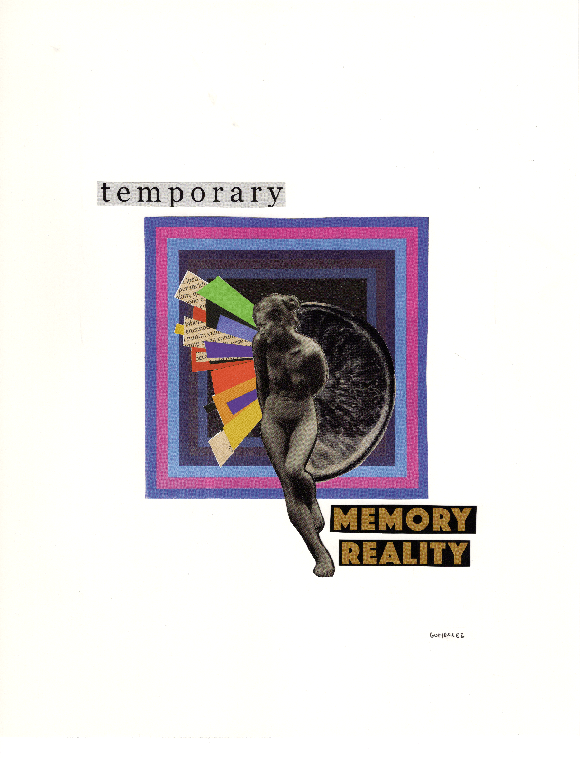 Collage with a woman, colorful geometric shapes, and text reading 'temporary' and 'MEMORY REALITY'.