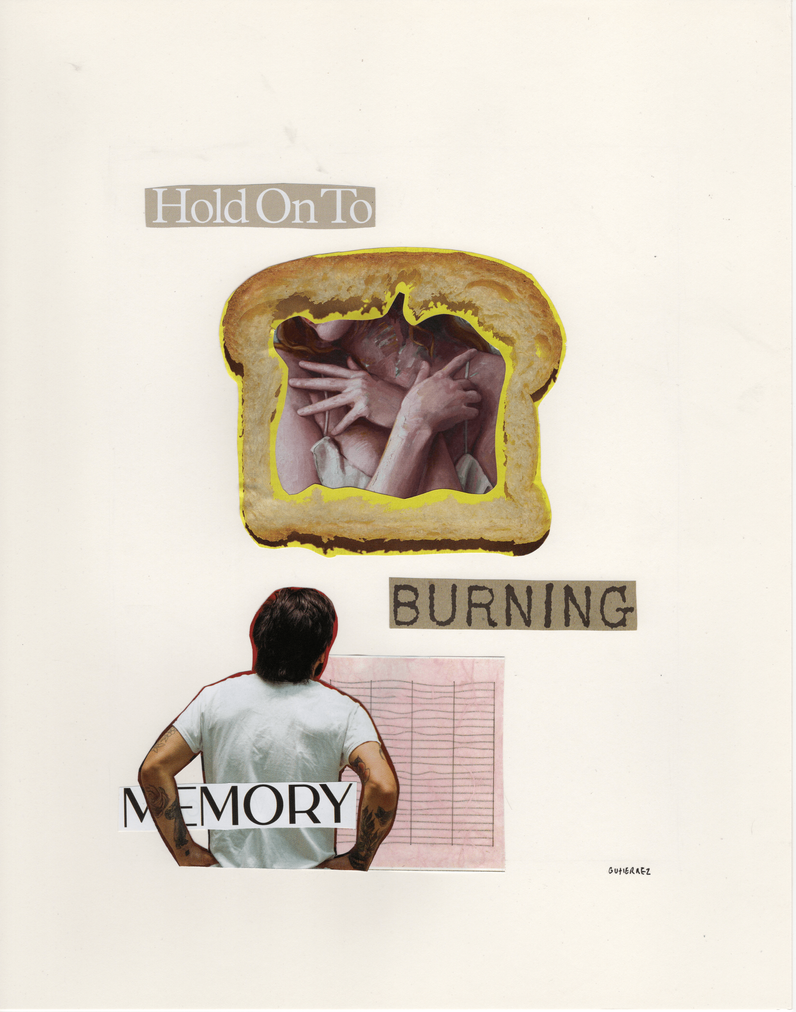 A person with short dark hair stands with hands on hips, looking at a collage of images and text on a white background.