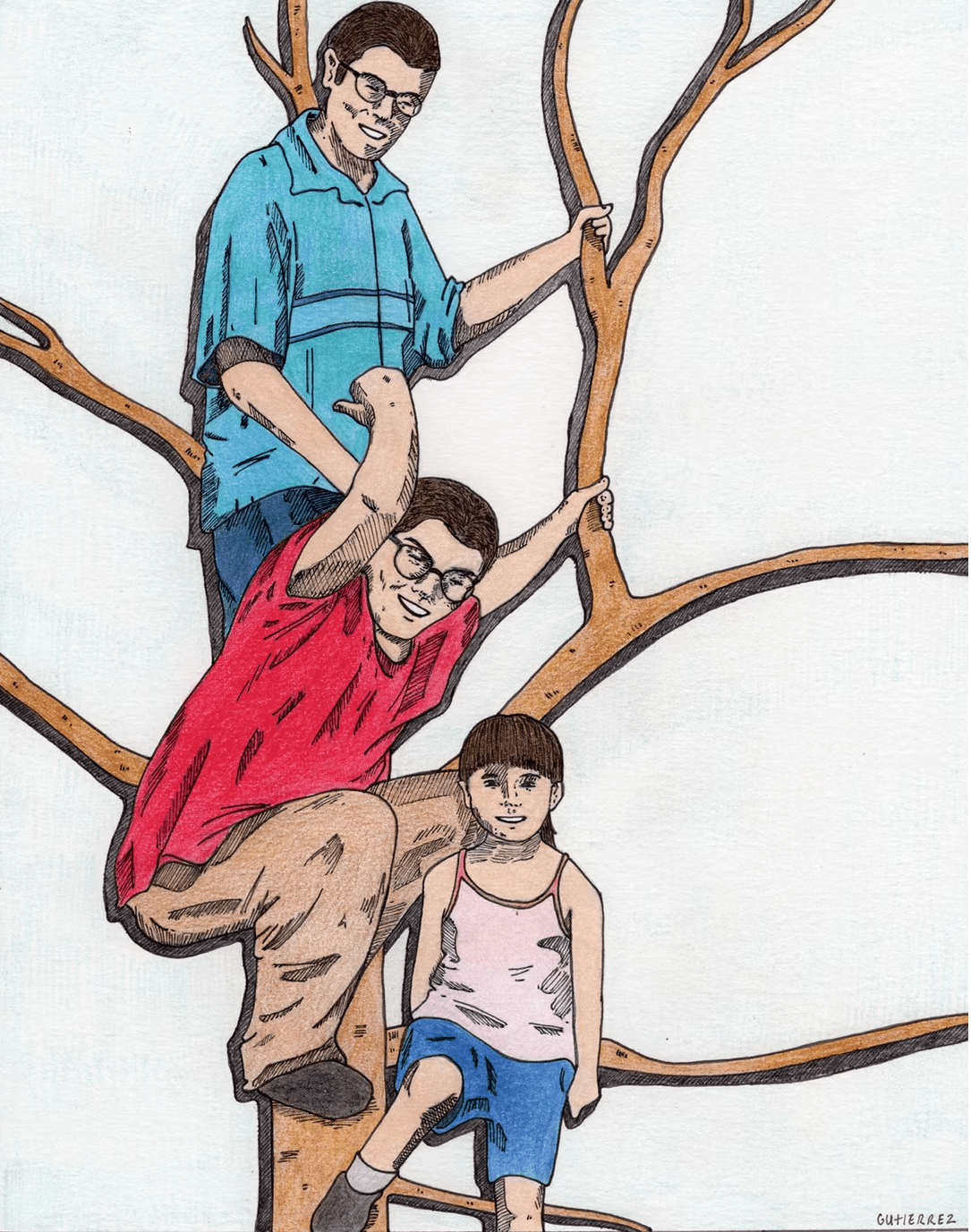 Three people sitting on tree branches, two adults and one child, with a plain background.
