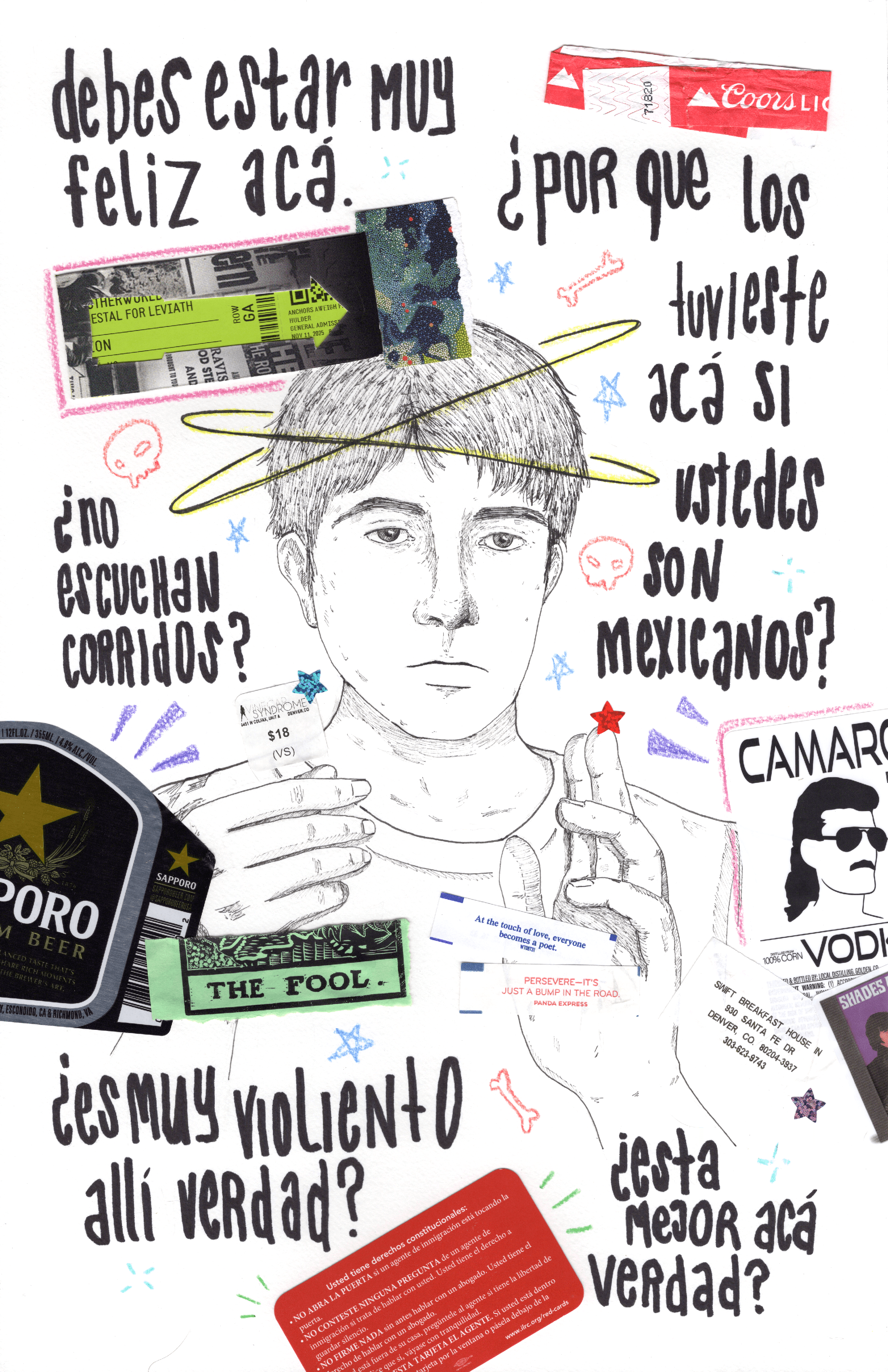 Hand-drawn portrait of a person with text in Spanish, stickers, and doodles surrounding the image.