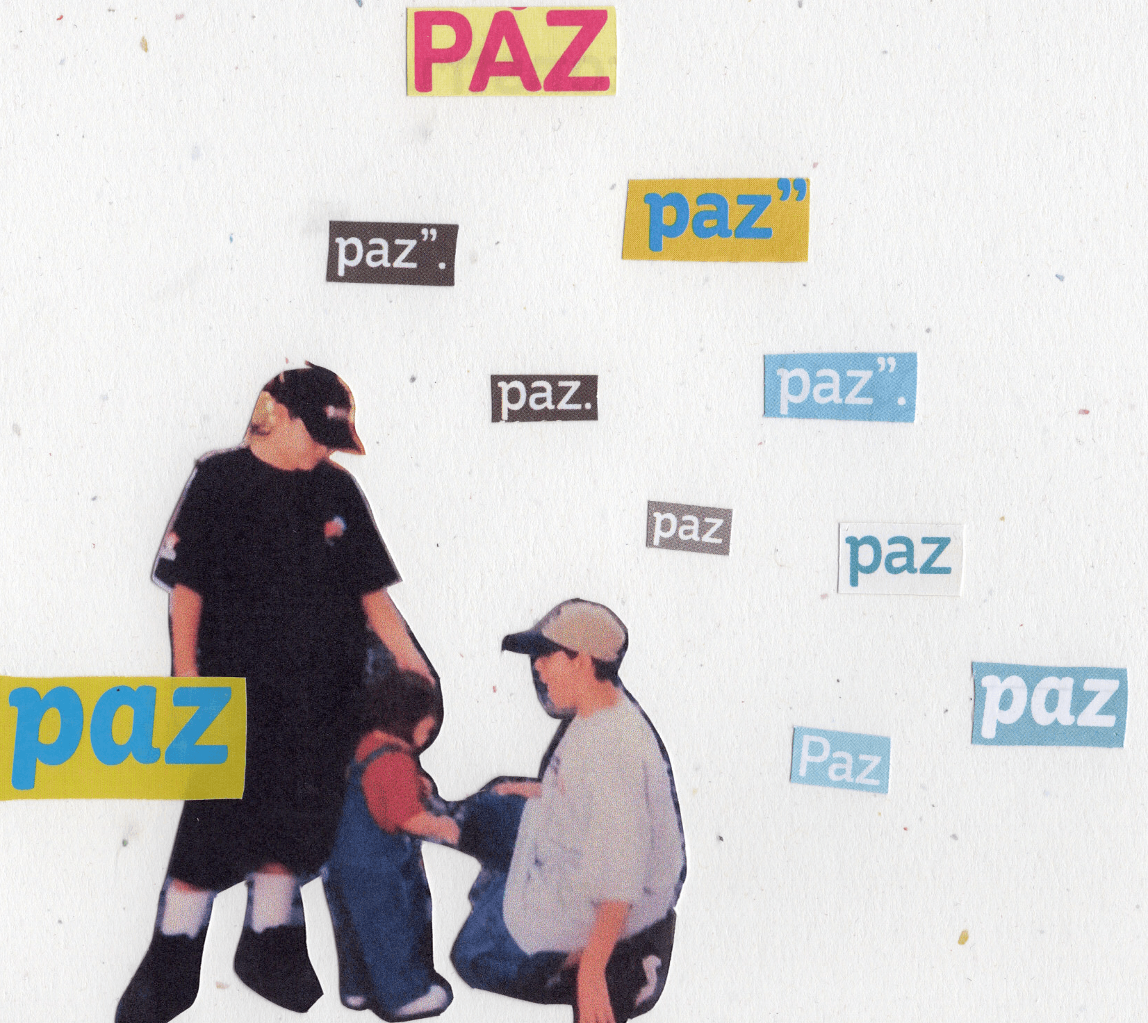Children and a woman with stickers reading 'paz' on a white background.