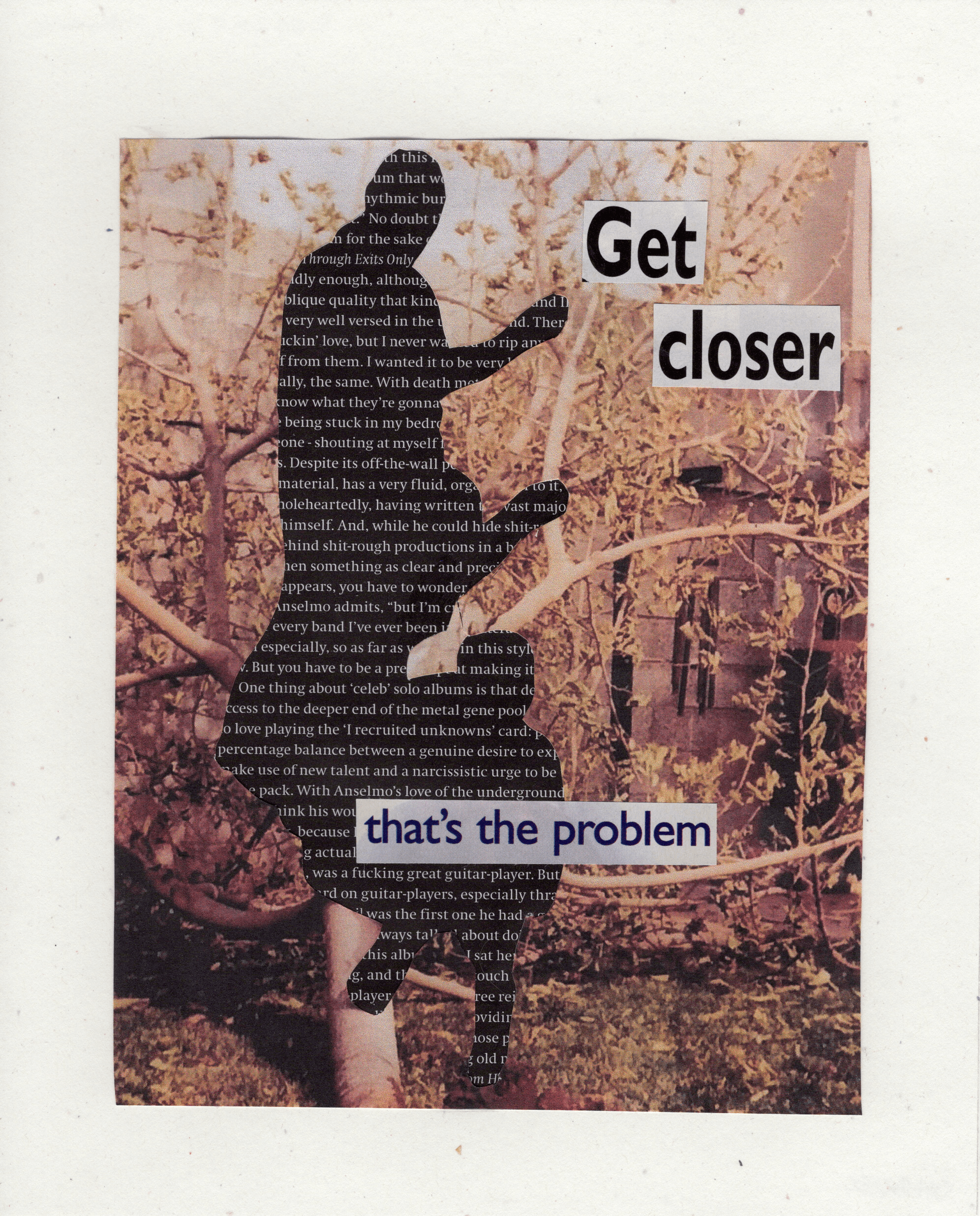 Silhouette of a person running in a forest with autumn trees, overlaid with text: 'Get closer that's the problem'.