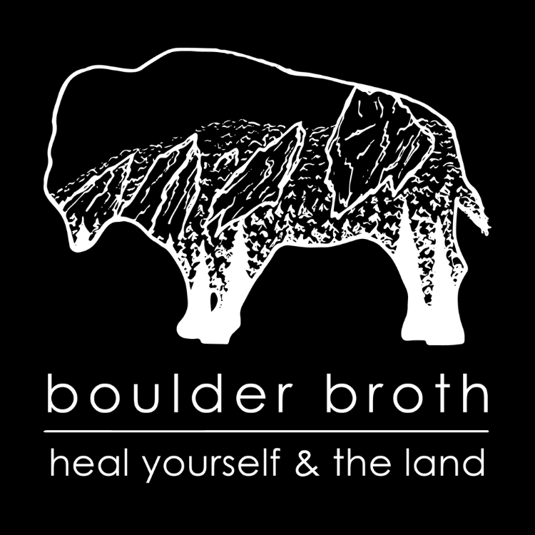 A white outline of a bison with mountain scenery inside, text reads 'boulder broth' and 'heal yourself & the land'.