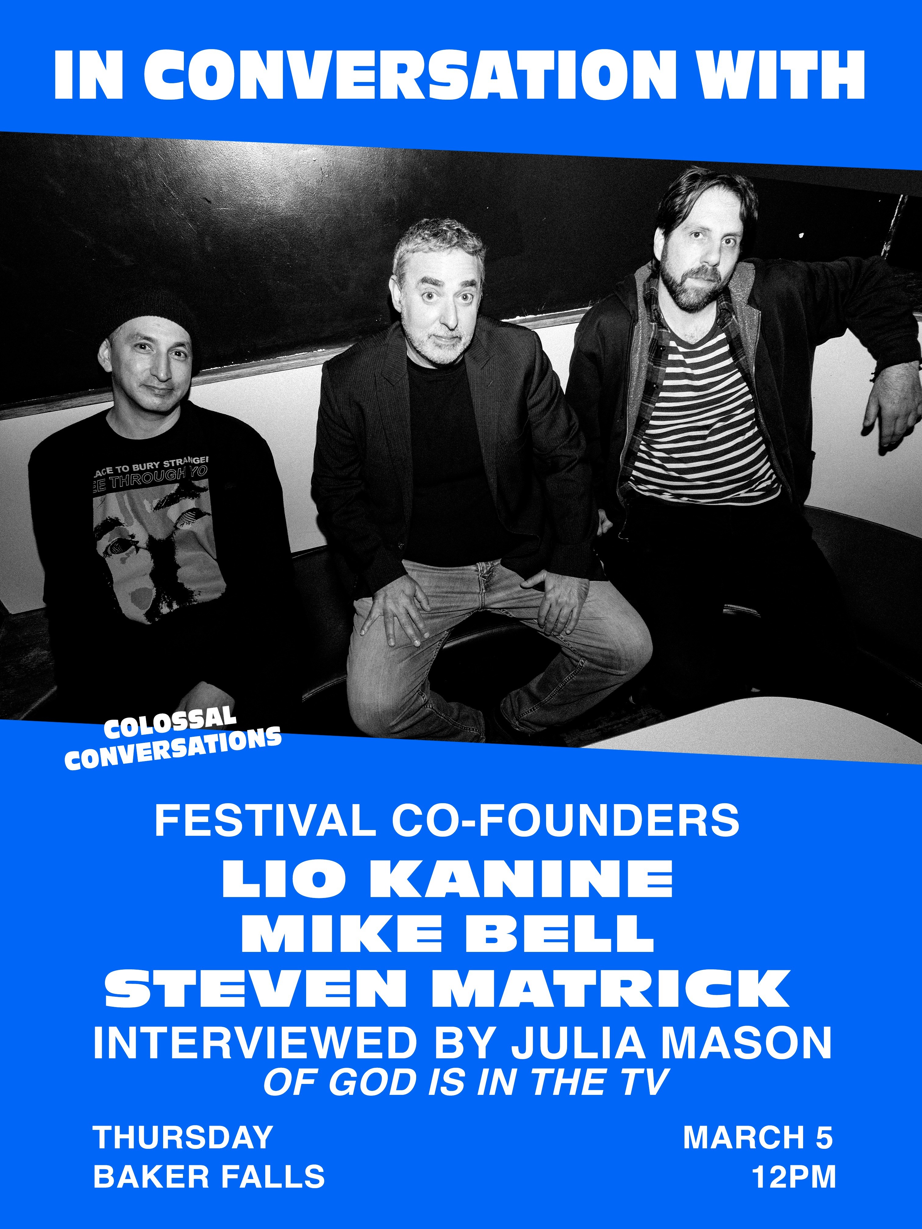 Three men sitting on a couch, black and white photo, with blue and white text overlay about a festival interview, 20 words.