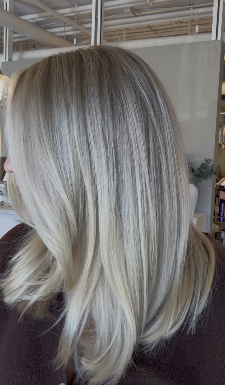 Person with shoulder-length, straight, blonde hair in an indoor setting, background includes shelves and plants.