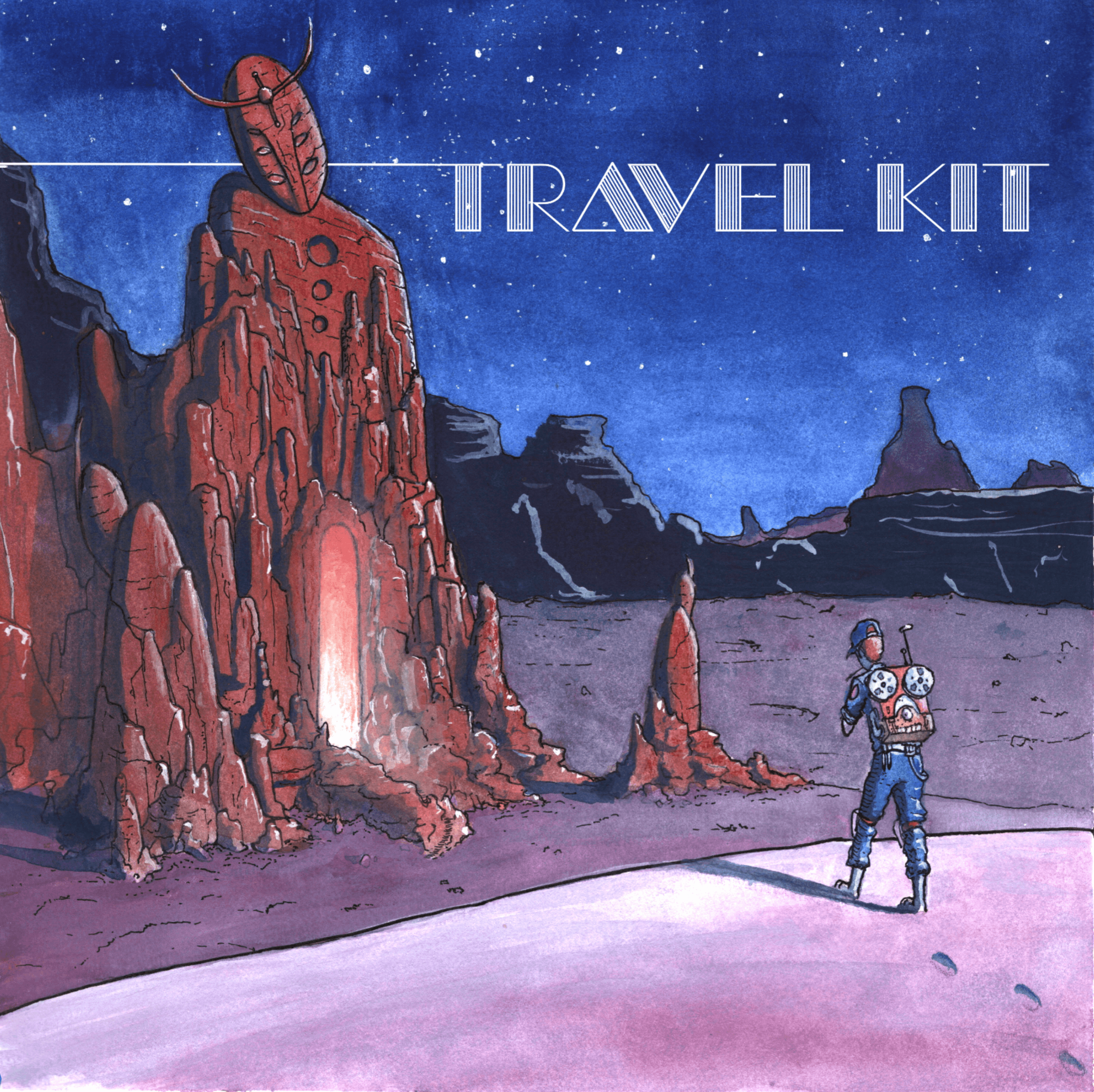 A person with a backpack stands on a pink surface, looking at a large insect-like creature on a rocky cliff under a starry sky.