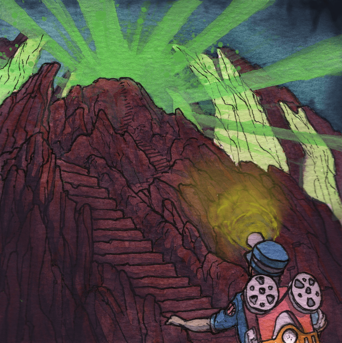 A person with a flashlight climbs rocky stairs towards green and yellow light beams in a mountainous landscape.