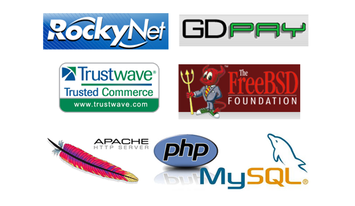 Logos of RockyNet, GD Pay, Trustwave, FreeBSD Foundation, Apache, PHP, and MySQL, with a colorful feather and a cartoon devil holding a trident.