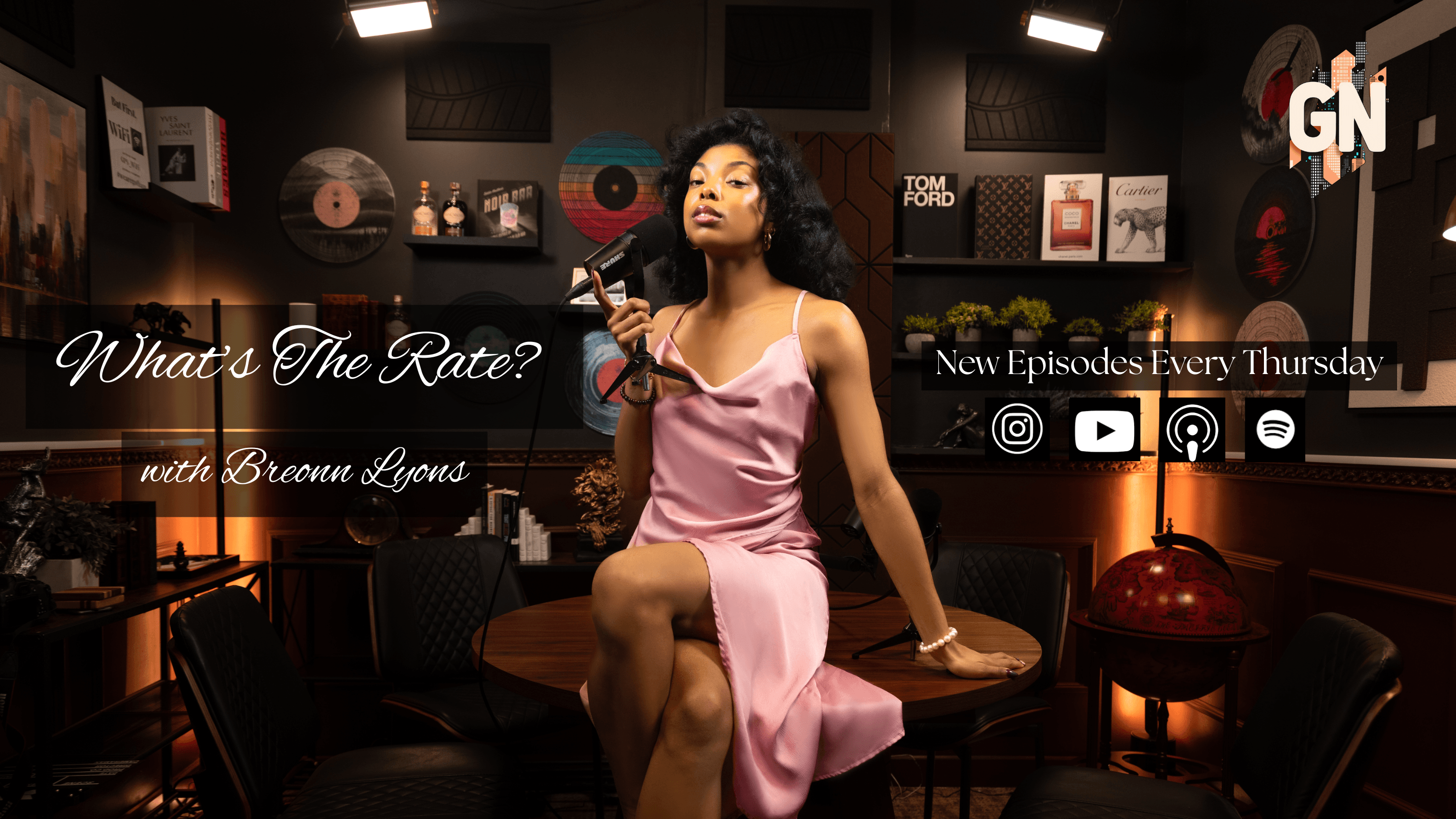 Woman in pink dress sitting on table in a room with vinyl records on walls, promotional text for a show, and social media icons.