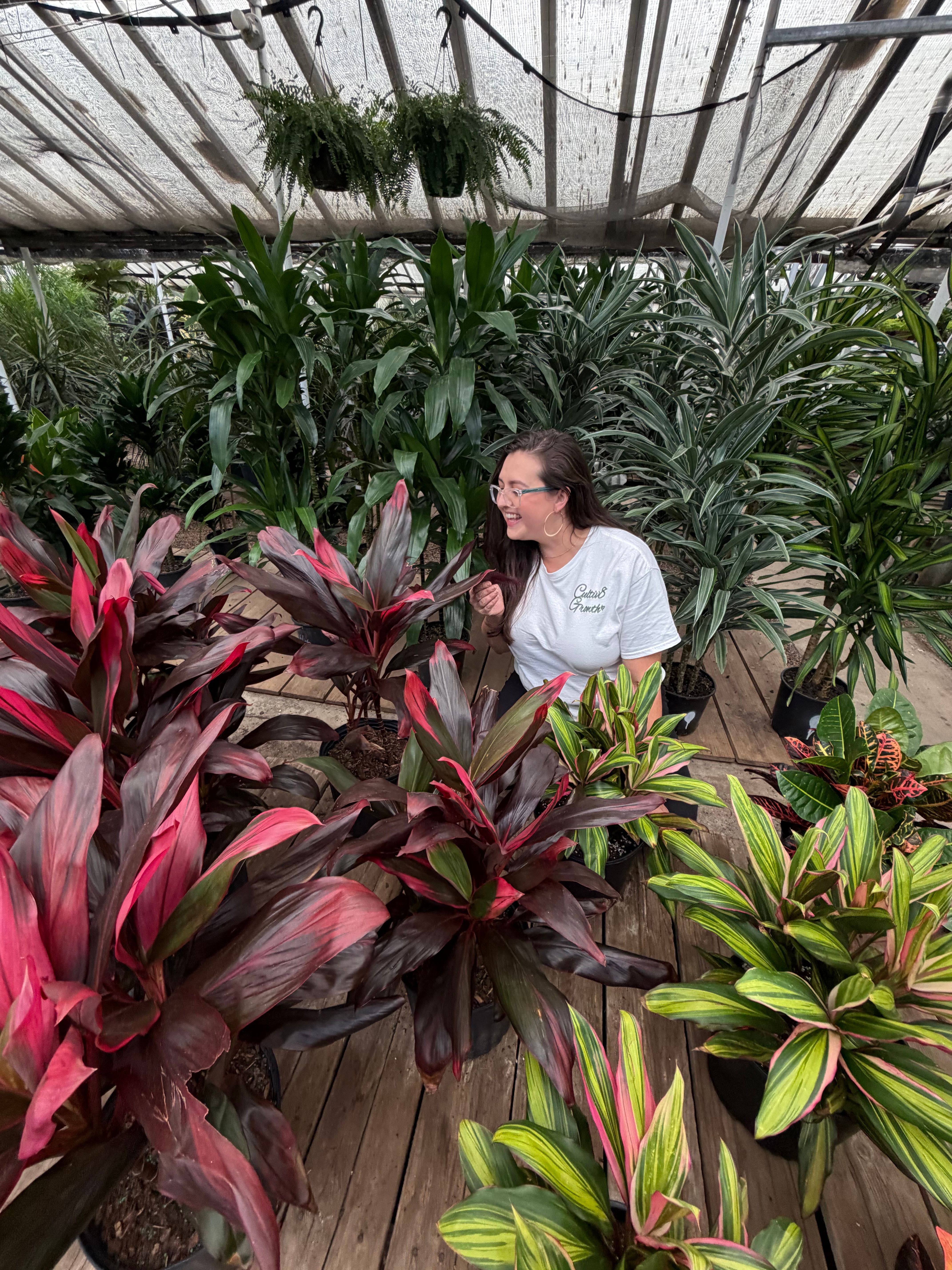 Person with short hair and white shirt leaning over plants on a wooden deck, surrounded by green foliage and colorful leaves.