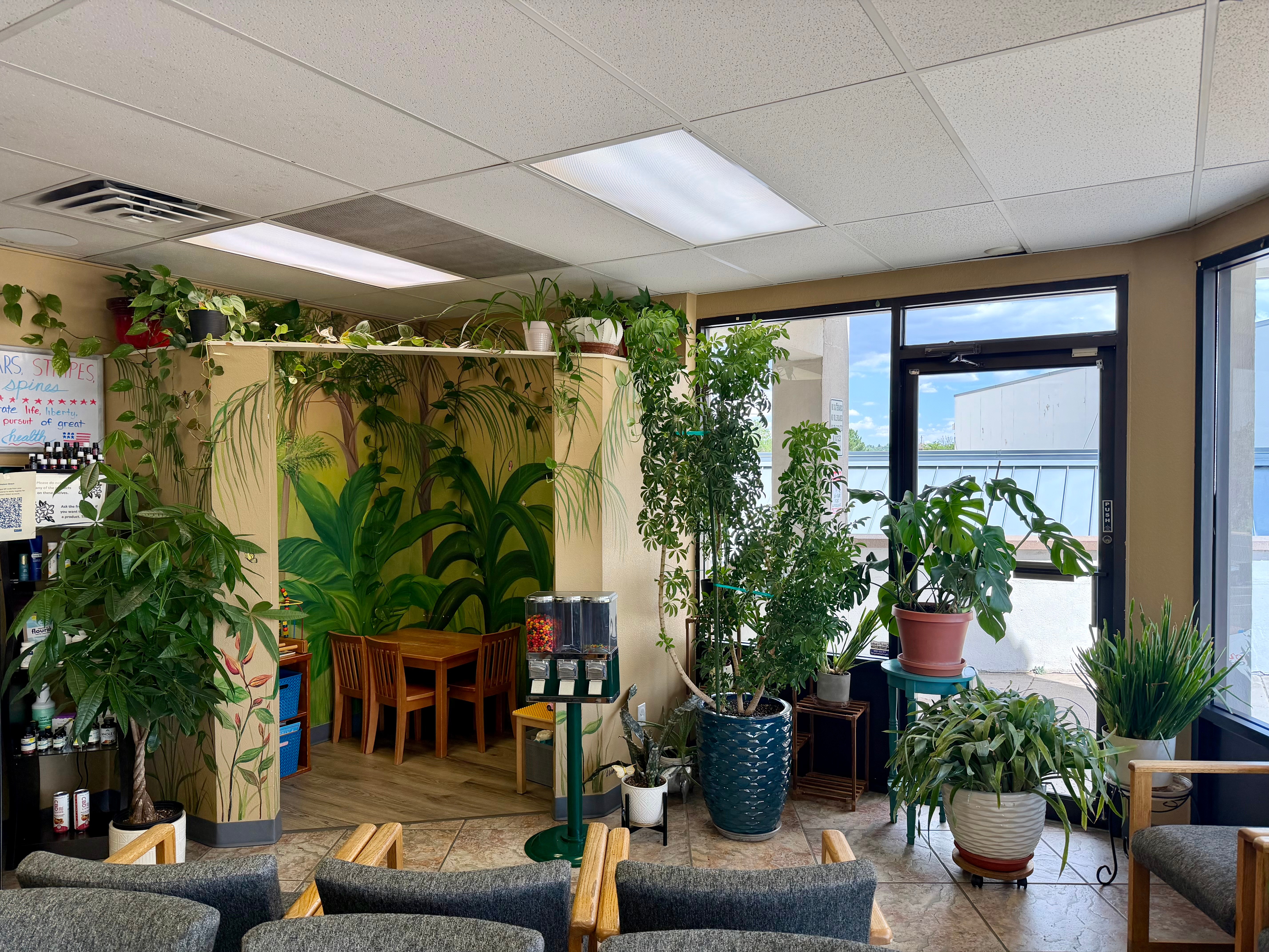 Indoor space with plants, wooden chairs, and a painted wall with green foliage design, near windows and ceiling lights.