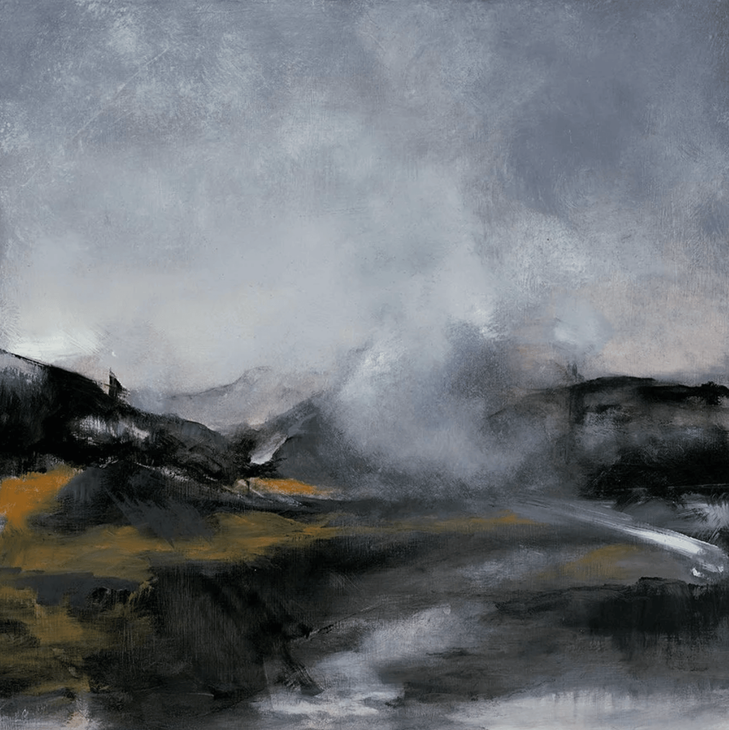 Landscape with dark hills and cloudy sky, painted in muted tones, with a misty atmosphere.