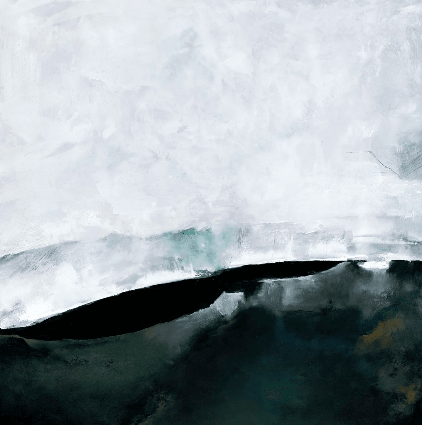 Abstract painting with white, gray, and dark green colors, featuring a horizon-like division and textured brushstrokes.