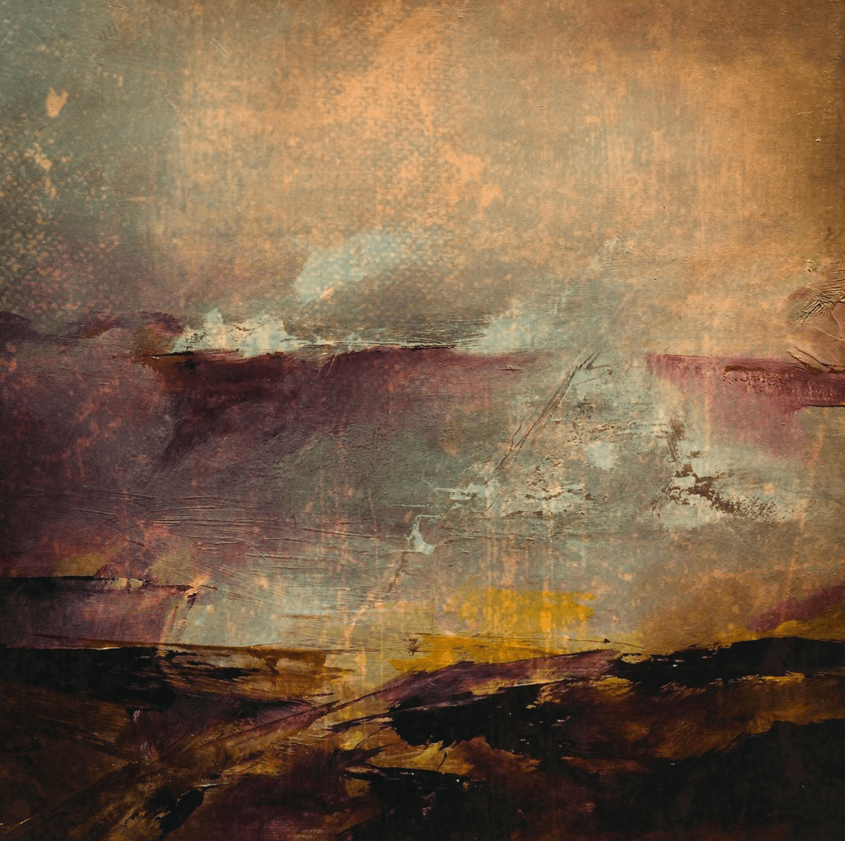 Abstract landscape with warm tones, textured sky, and dark foreground, resembling a sunset or sunrise scene.