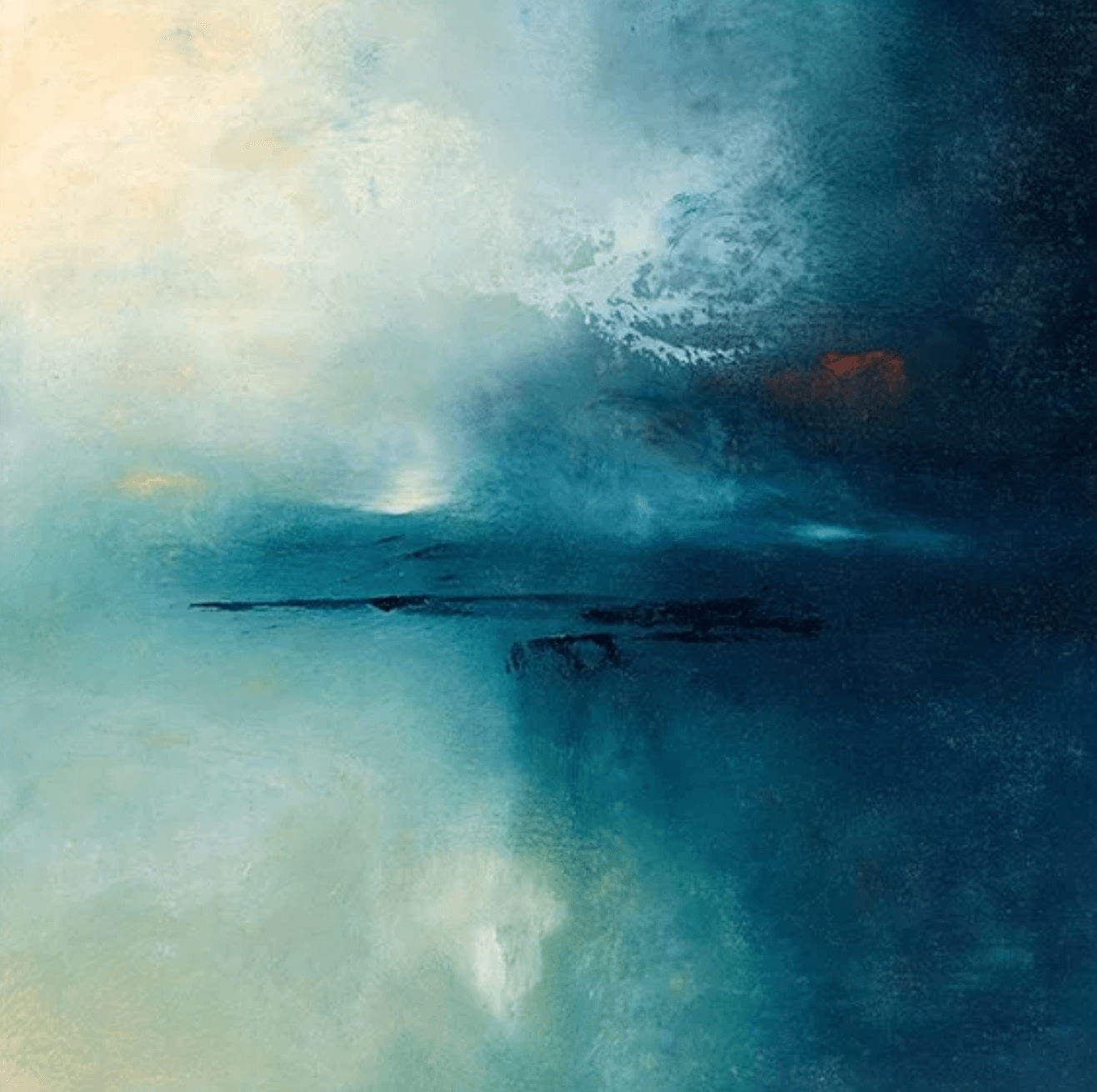 Abstract painting with blue, teal, and white colors, resembling a seascape or sky, with a horizontal dark streak.