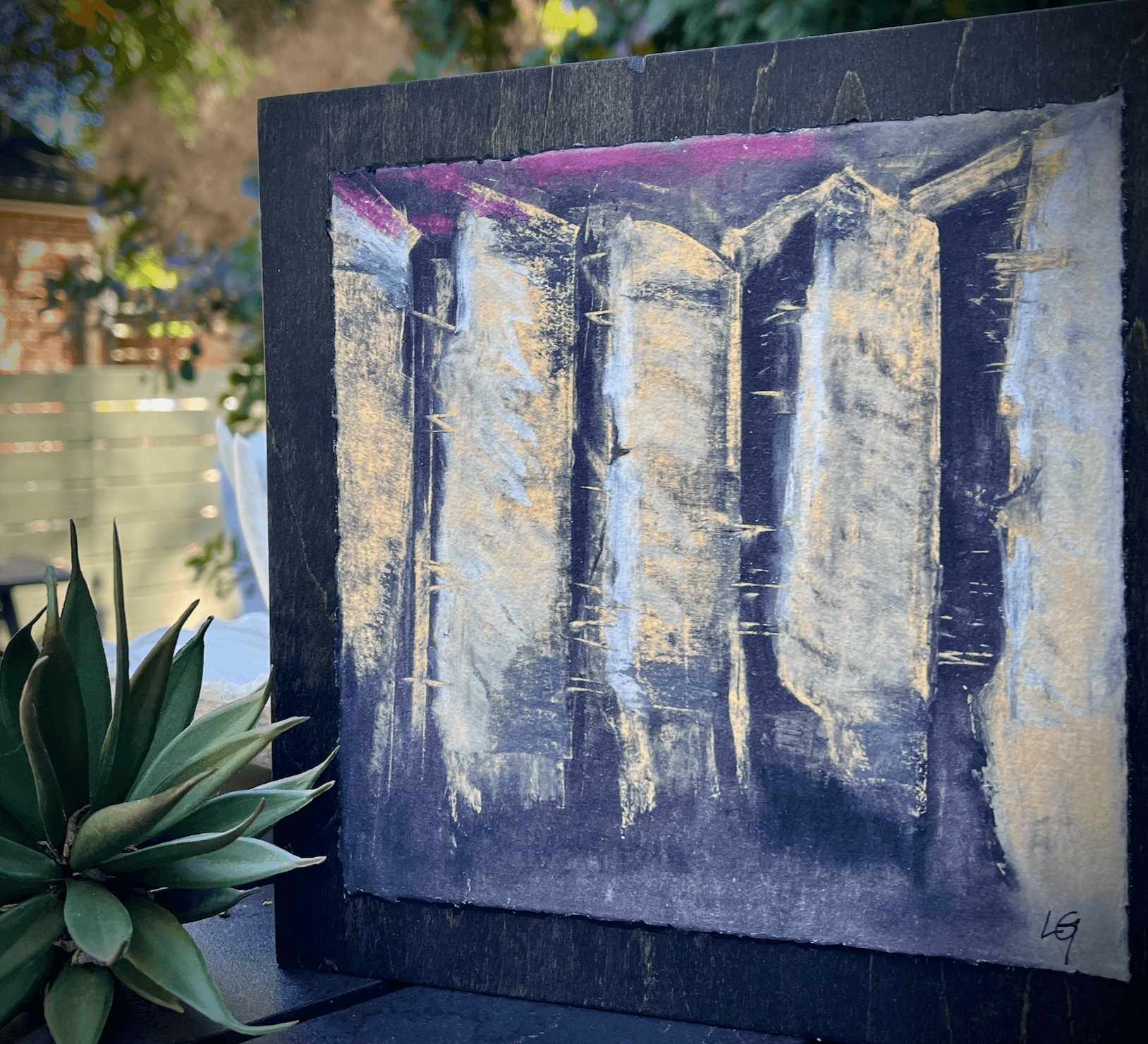 Painting of three abstract figures with a dark background, outdoors with plants nearby.