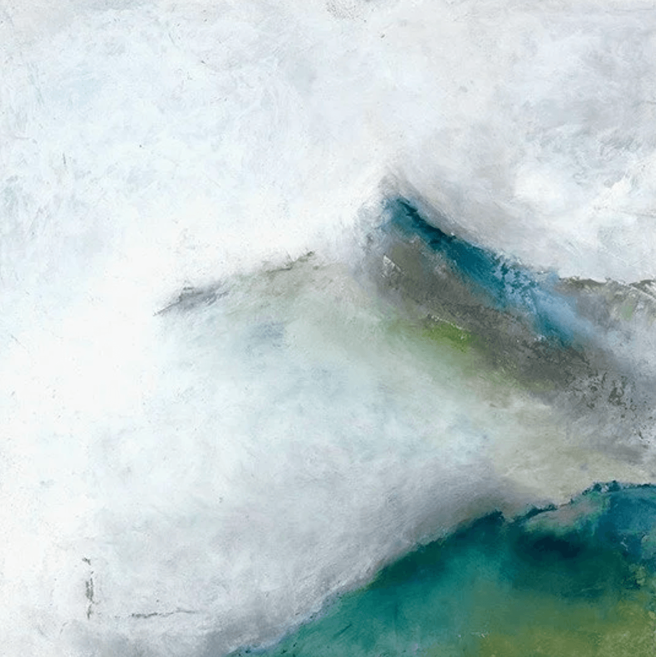 Abstract painting with a wave-like shape in blue, green, and gray tones on a light background.