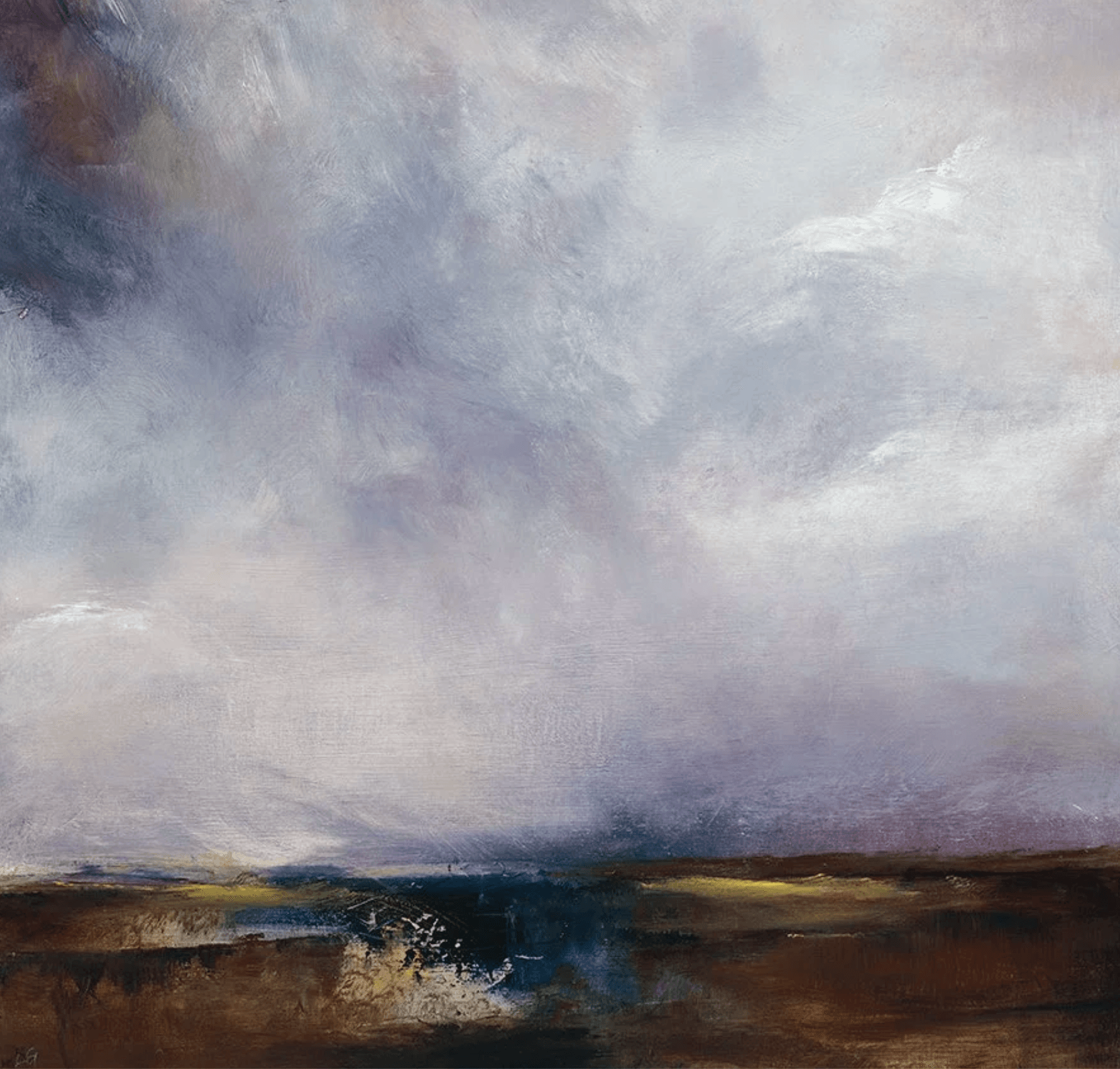 Abstract landscape with cloudy sky, distant horizon, and earthy foreground, in muted colors.