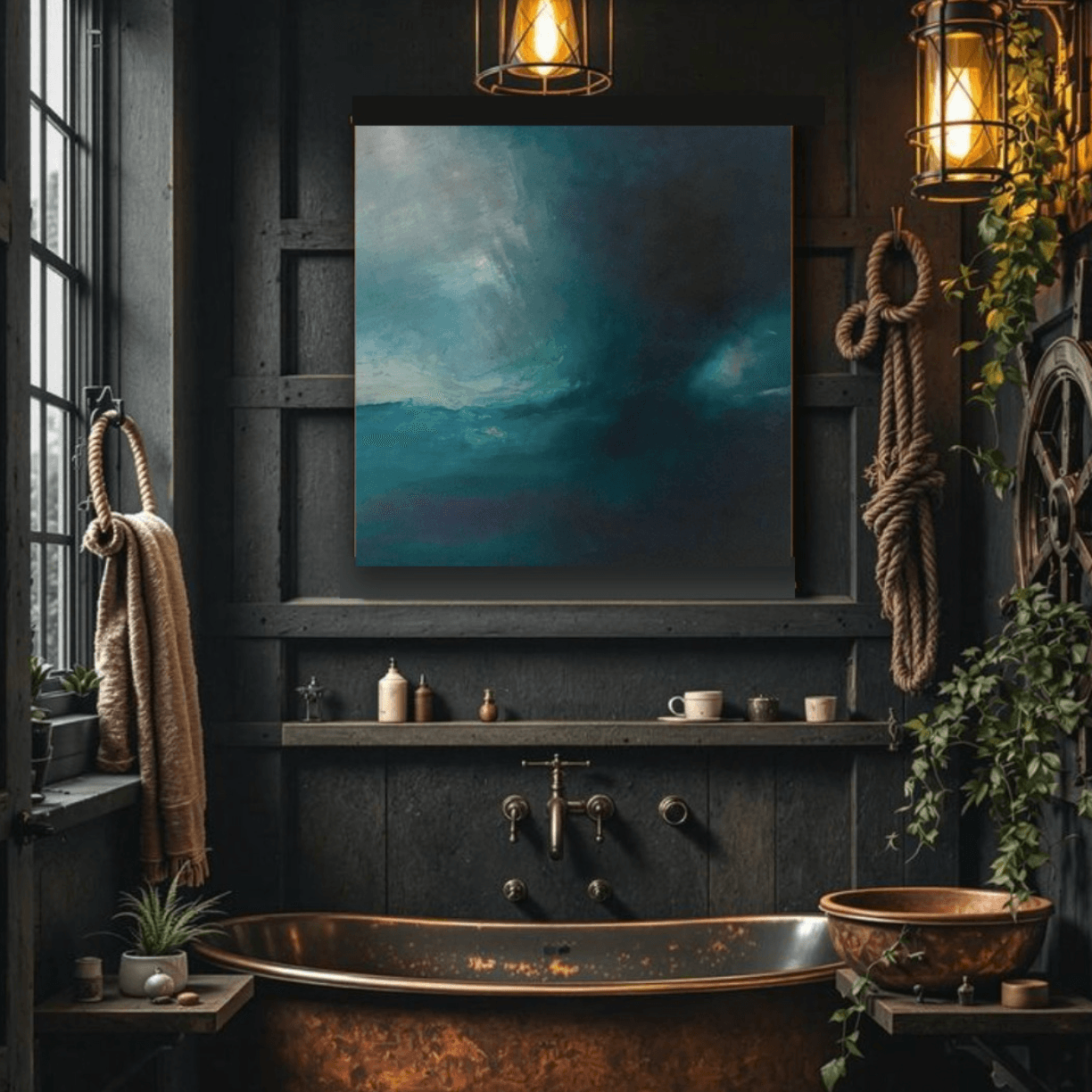 Dark bathroom with a copper bathtub, a large abstract painting, and warm lighting fixtures, decorated with plants and ropes.