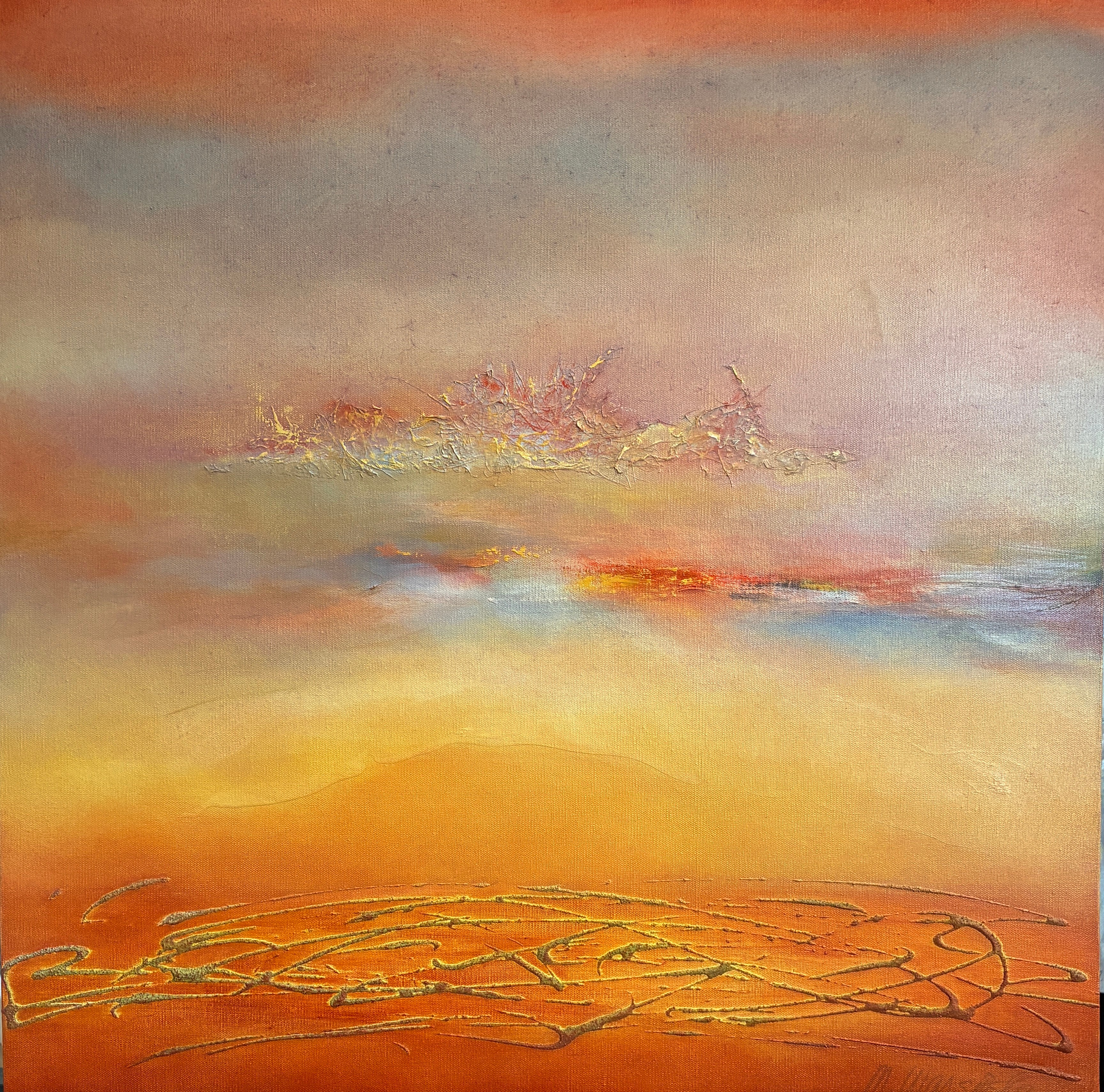 Abstract landscape with warm colors, a horizon, and a circular pattern on the ground, resembling a sunset or sunrise.