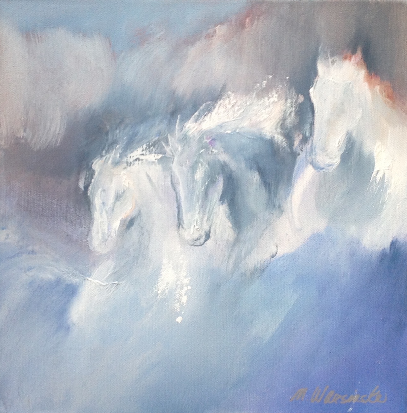 Painting of three white horses running through a misty landscape with soft, blended colors.