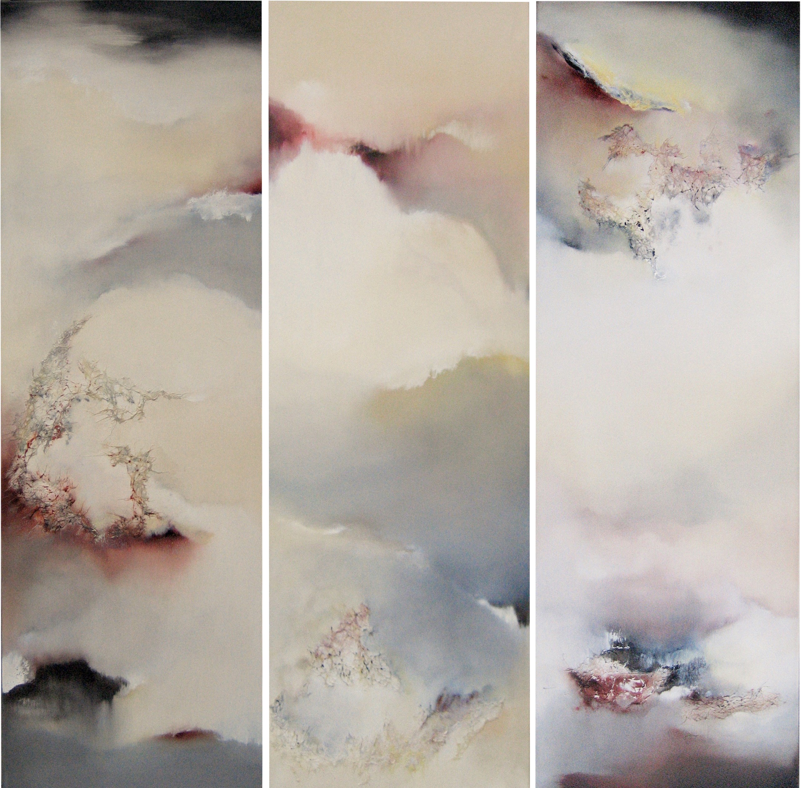 Abstract painting with soft, cloud-like shapes in light colors, divided into three vertical sections.