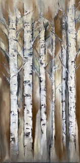 A painting of a forest with tall, slender trees with white bark and dark markings, and a brown background.