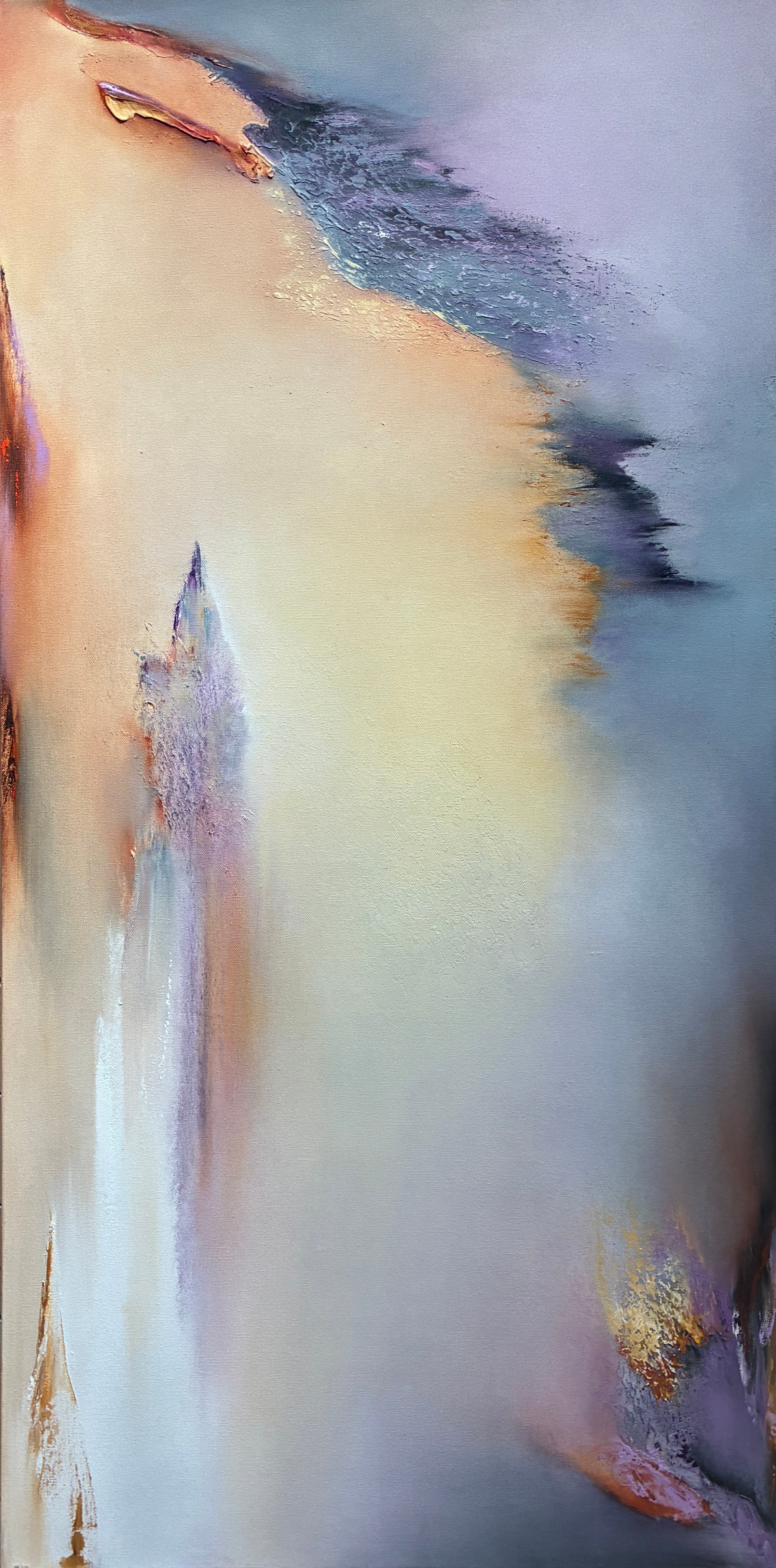 Abstract landscape with soft colors, blending sky, water, and land, featuring a vertical composition and subtle textures.