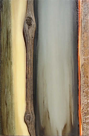 Close-up of various vertical wooden and metal surfaces with different textures and colors.