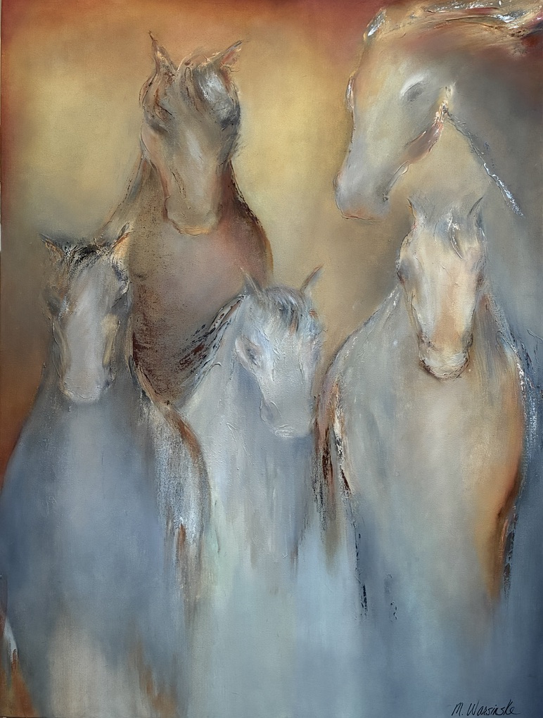 Four horses with blurred features in a warm-toned background, painted in an impressionistic style.