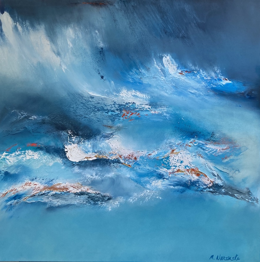 Abstract painting with blue, white, and hints of red and black colors, resembling a sky or ocean scene.