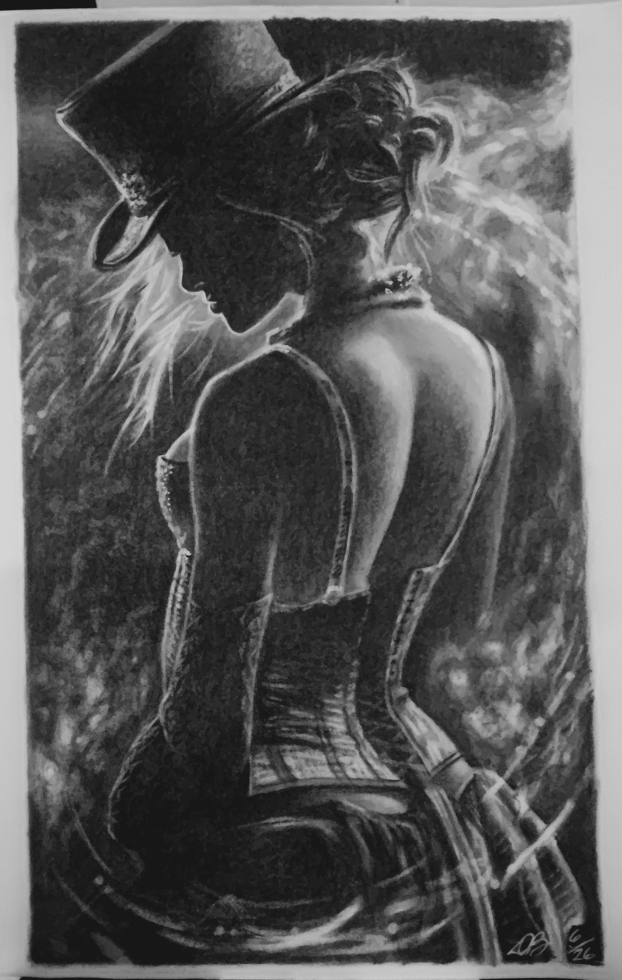 Silhouette of a woman wearing a top hat, with her back turned, in black and white. She is in a dark setting.