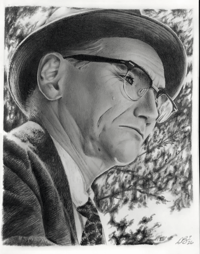 Black and white portrait of a man wearing glasses, a hat, and a suit, with a serious expression, outdoors.
