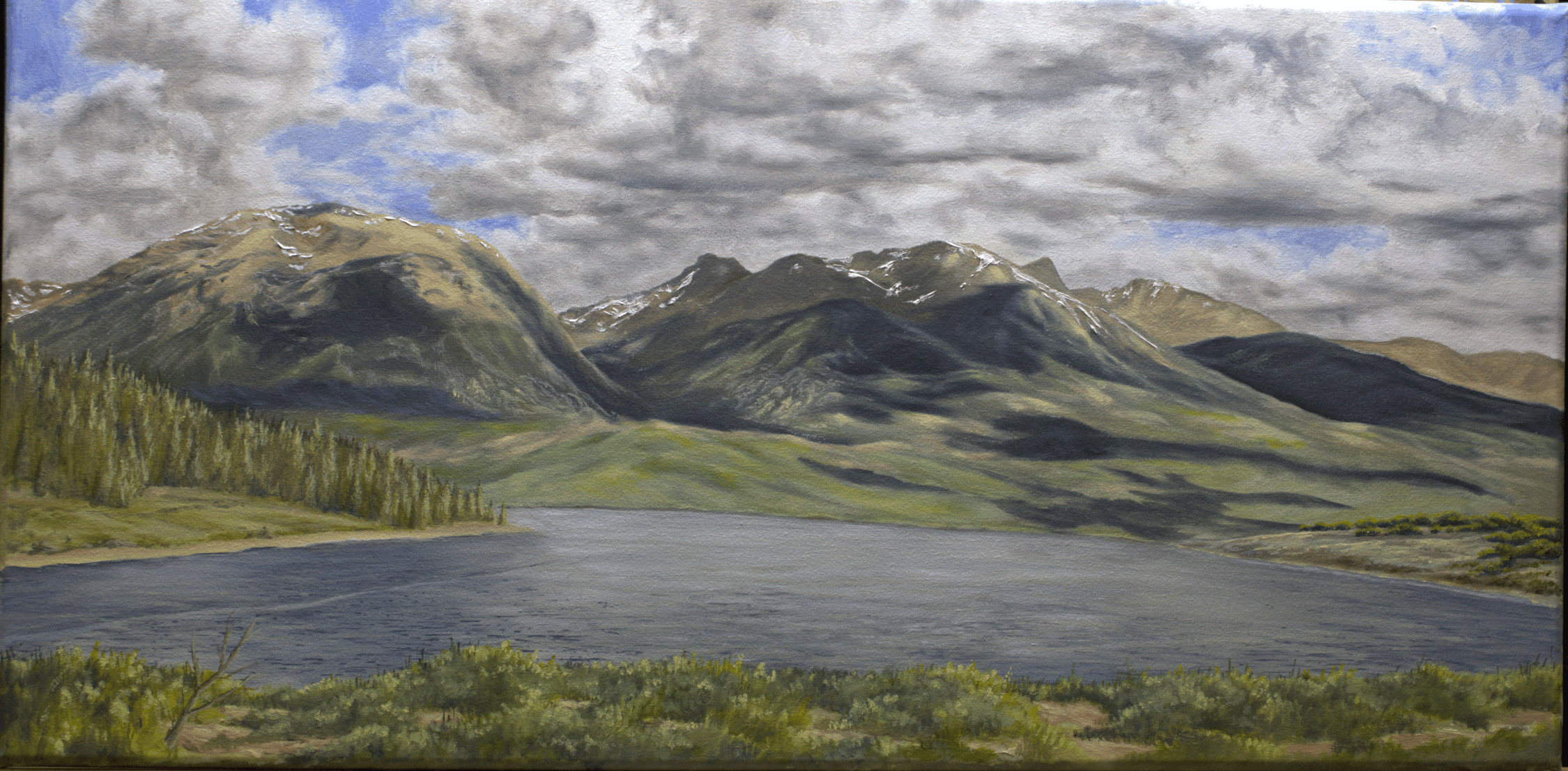Landscape with mountains, a lake, and a cloudy sky, with green vegetation in the foreground.