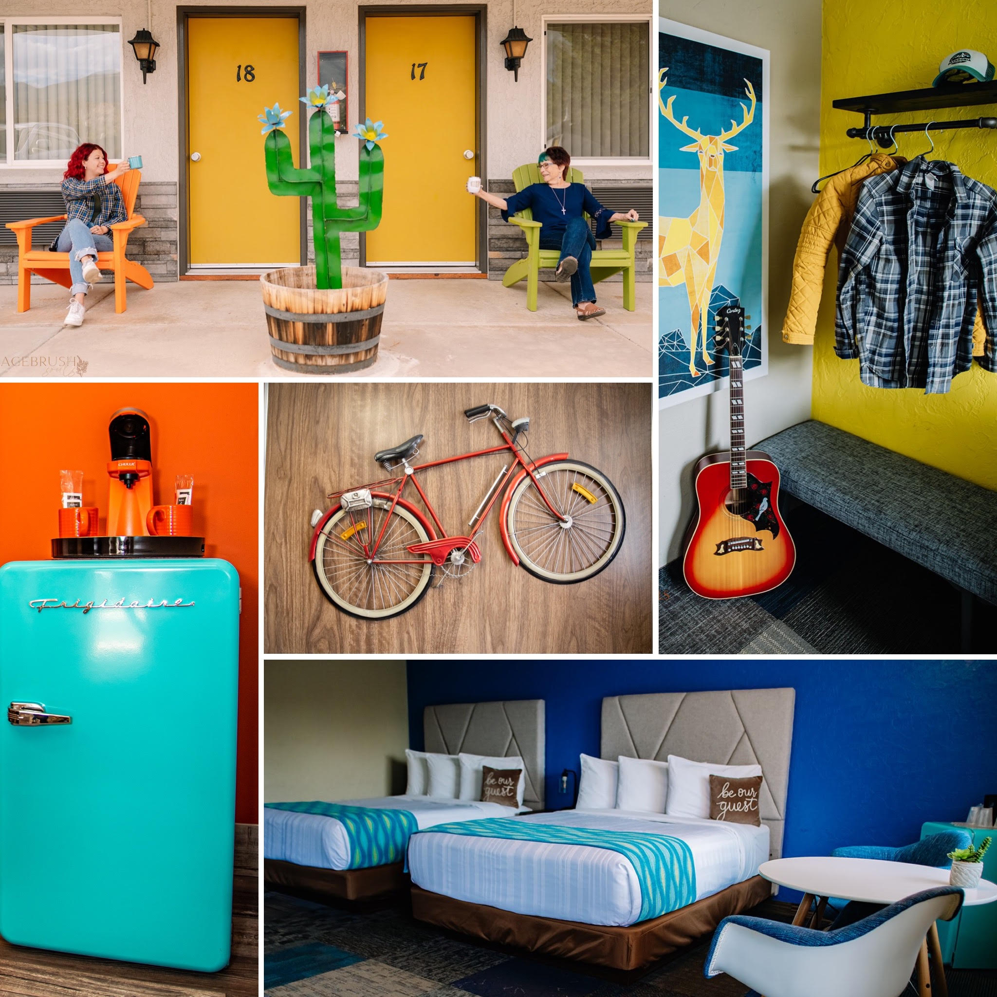 Children sitting on benches near colorful doors, cactus decoration, deer illustration, clothing rack, guitar, vintage blue fridge, bicycles, and hotel room with two beds.