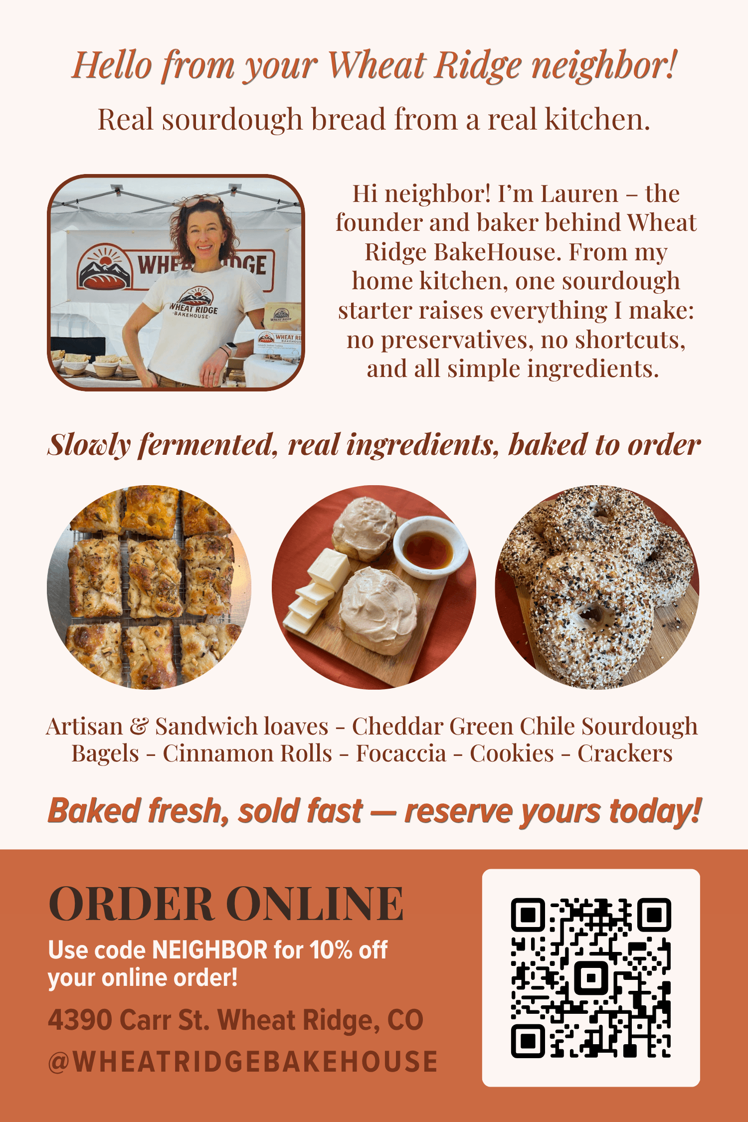 Text and images of bread, cheese, and baked goods on a baking sheet, with a QR code and order information.