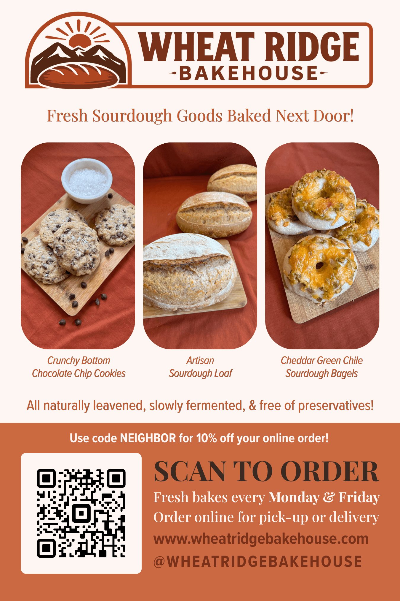Logo for Wheat Ridge Bakehouse with baked goods, cookies, bread, and scones, and a QR code for ordering.