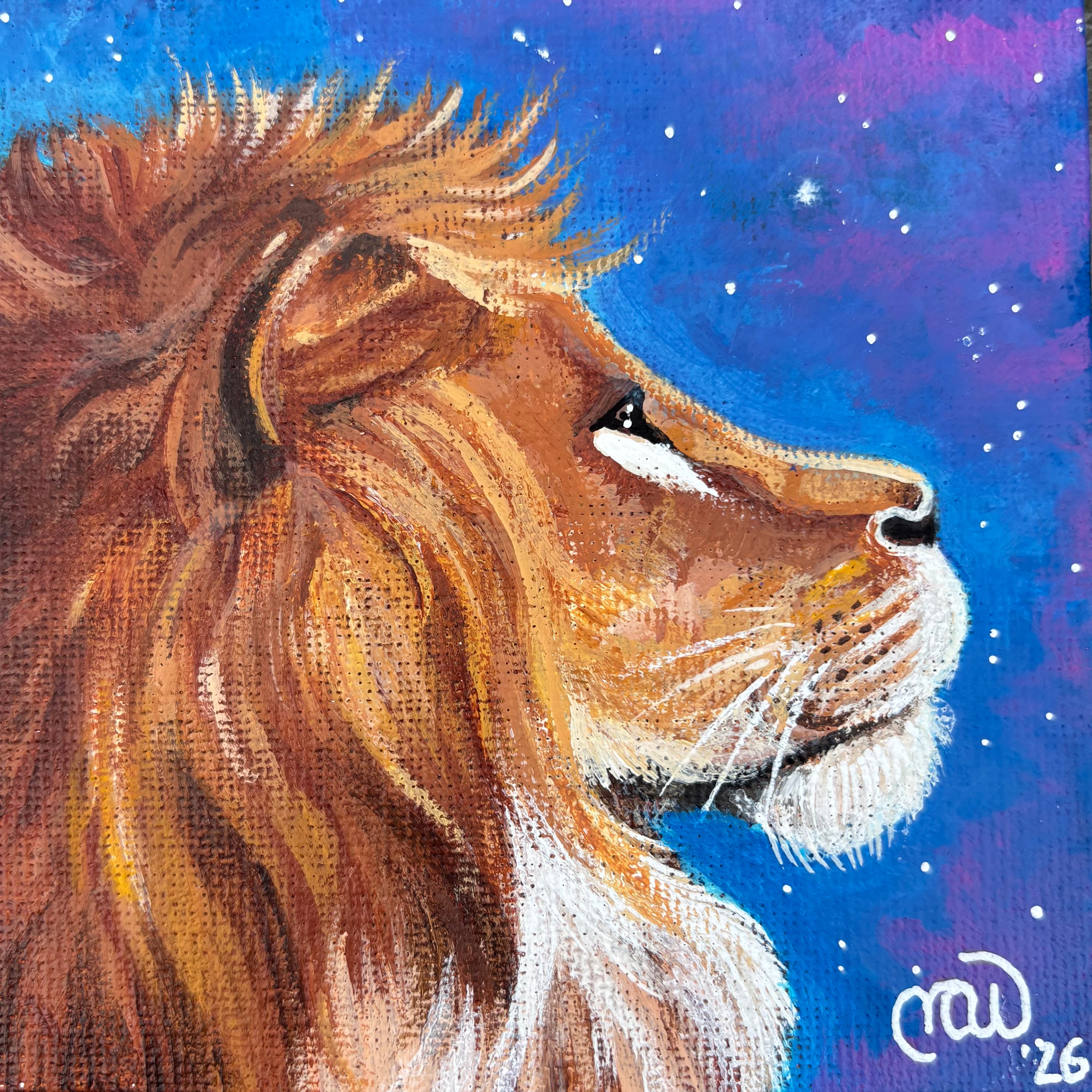 Lion's profile with a starry night sky background, detailed mane, and calm expression.