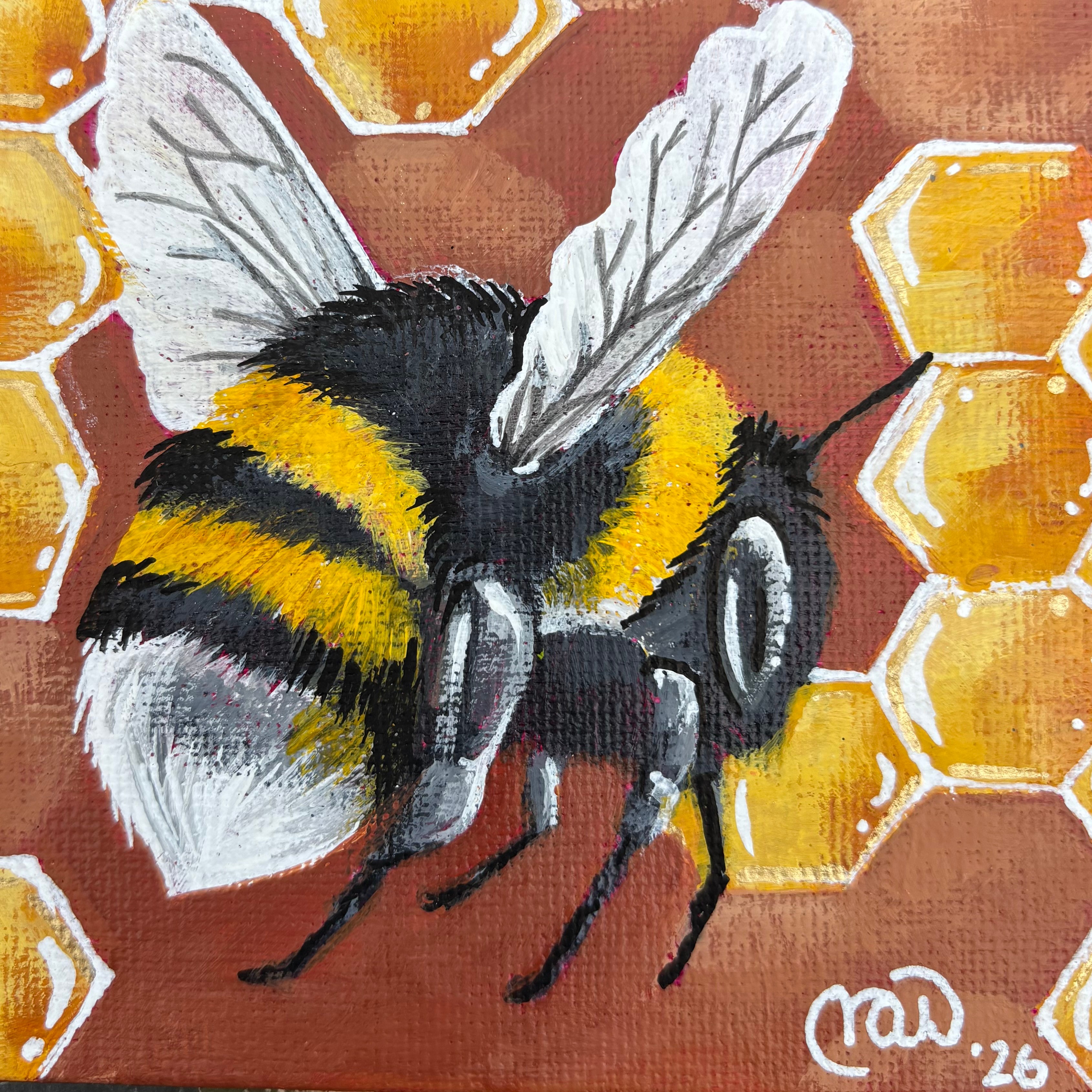 Detailed painting of a bee with black and yellow stripes, wings, and legs, near honeycomb cells on a background.