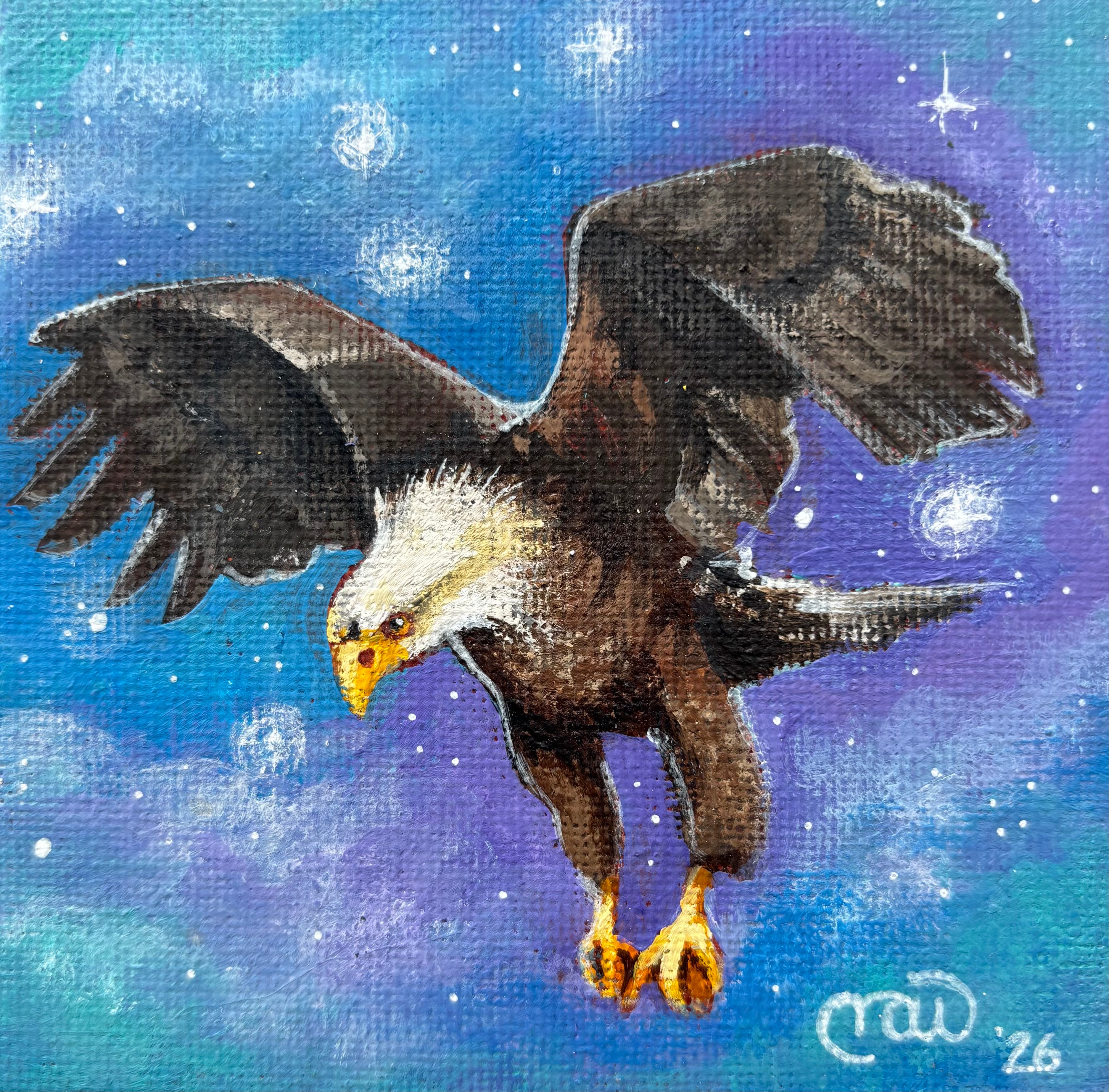 Eagle flying in space with stars and a colorful background, wings spread wide, head facing downward, talons extended.