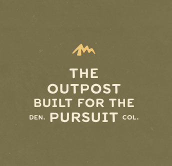 Text on a green background reads: 'The outpost built for the den. Pursuit col.' with a mountain icon above.