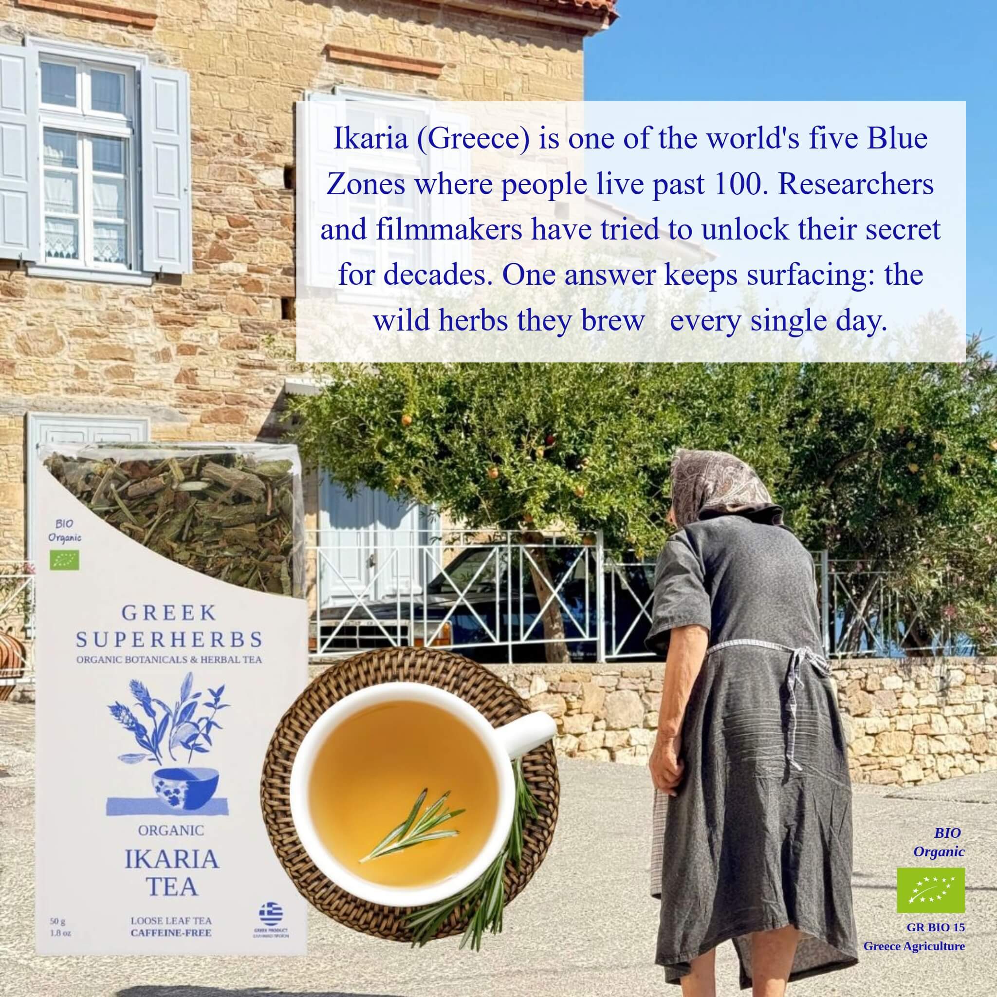 Woman in gray dress and headscarf standing outdoors near a stone wall and trees, with signs about Ikaria tea and herbs, and a cup of tea in foreground.