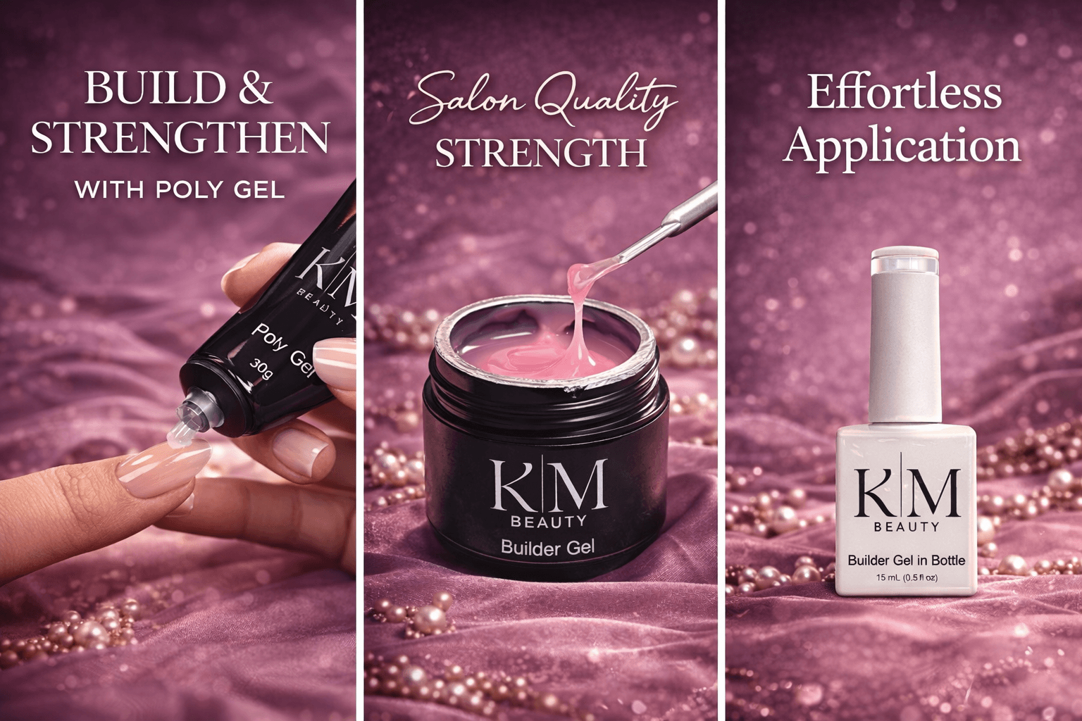 Three images showing nail gel products: applying gel, jar of builder gel, and a bottle of gel in a white container.